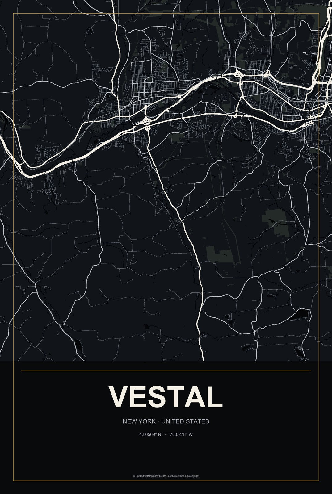 Vestal, New York City Map Aluminum Sign in Metropolitan Noir style