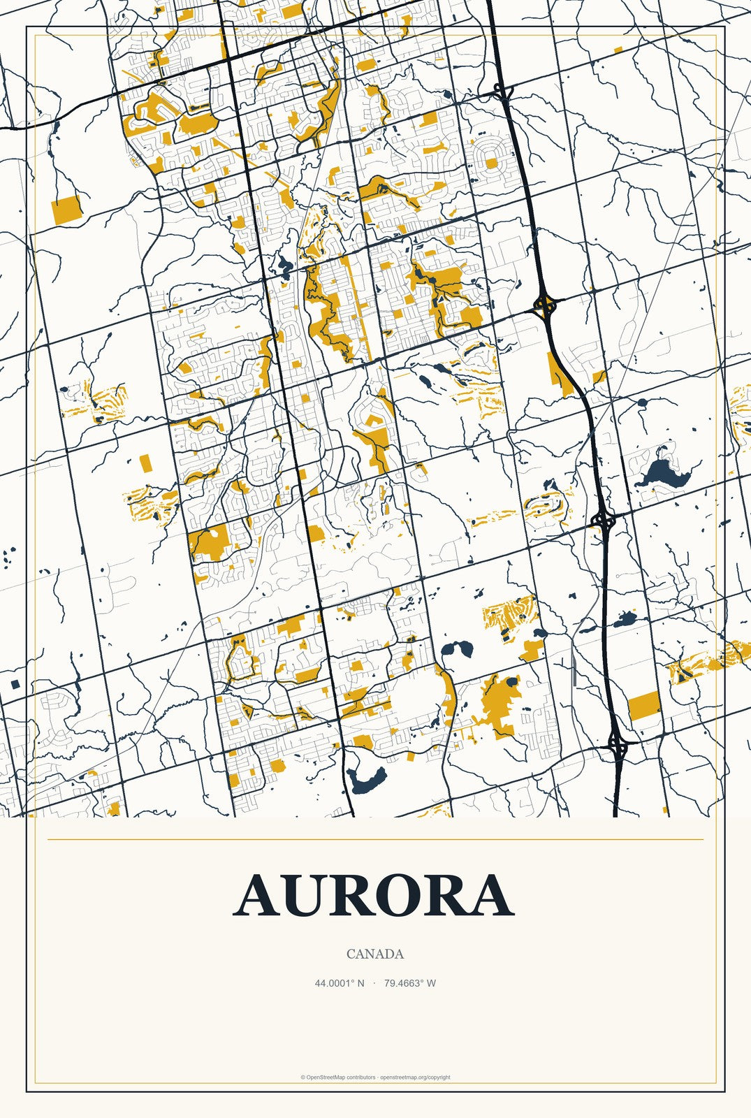 Aurora, Canada City Map Aluminum Sign in Citrine Modern style