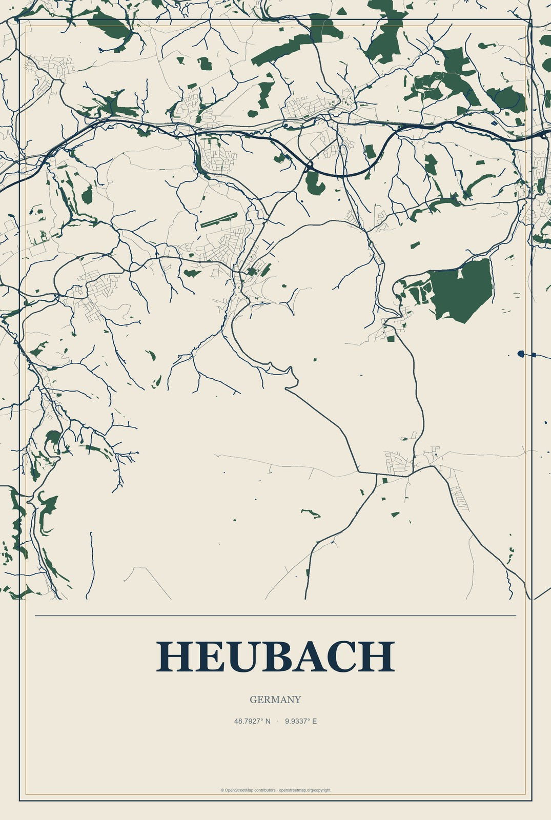 Heubach, Germany City Map Aluminum Sign in Coastal Cutout style