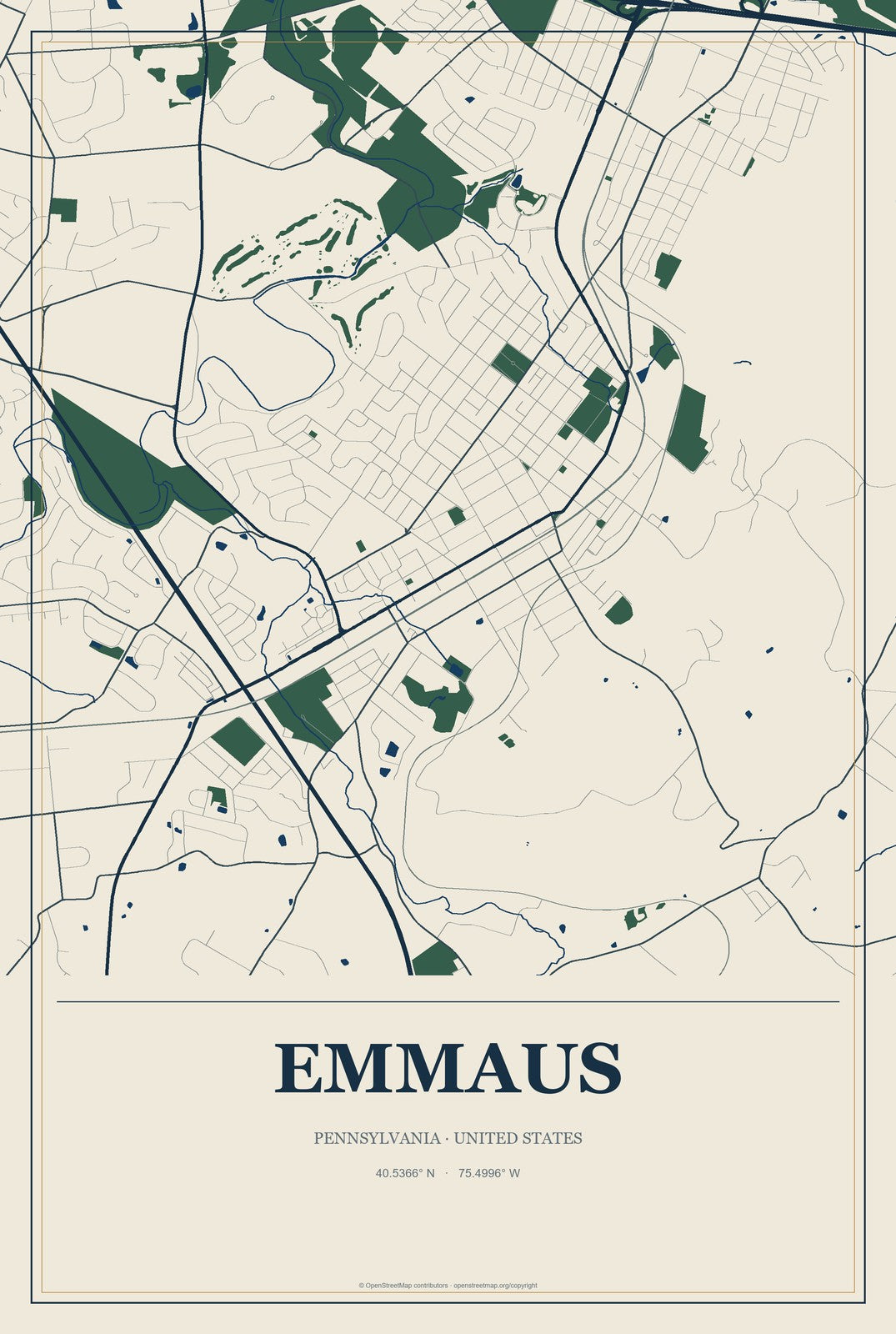 Emmaus, Pennsylvania City Map Aluminum Sign in Coastal Cutout style