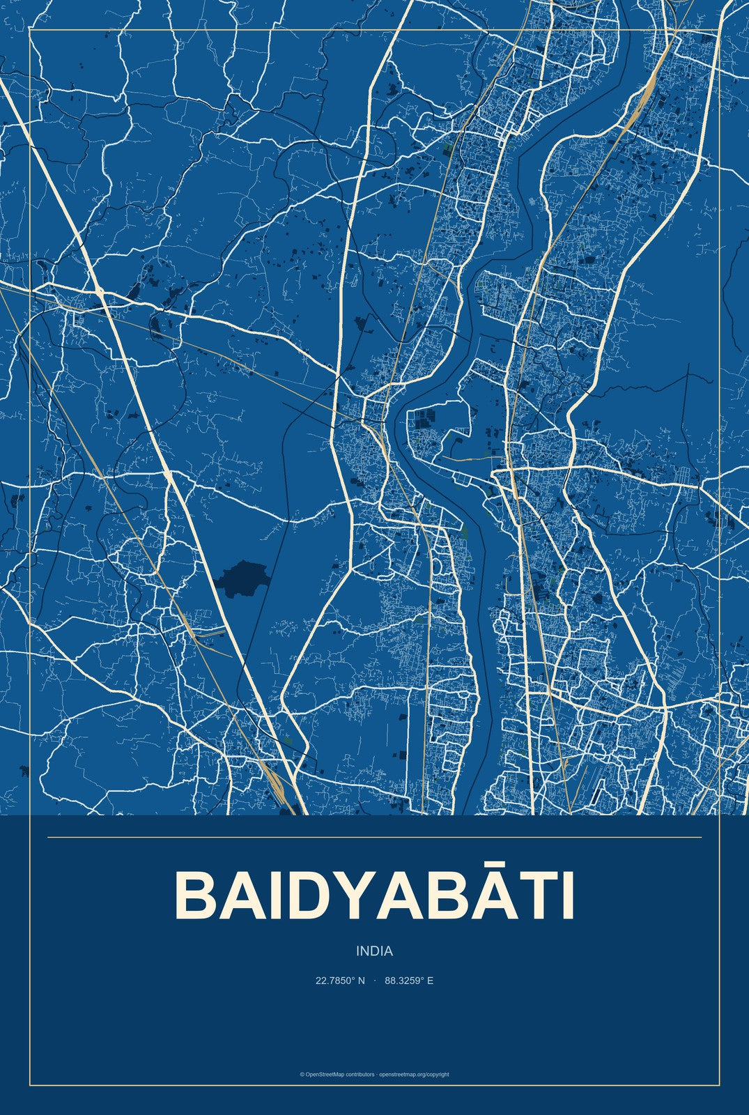 Baidyabāti, India City Map Aluminum Sign in Harbor Cobalt style
