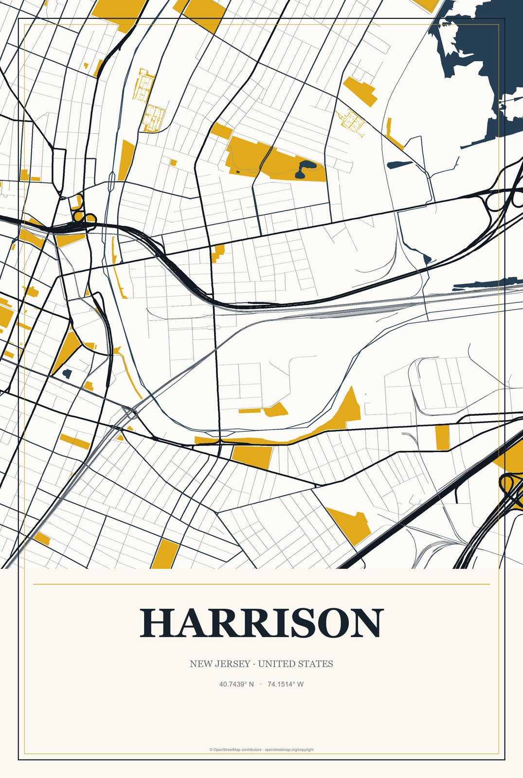 Harrison, New Jersey City Map Aluminum Sign in Citrine Modern style