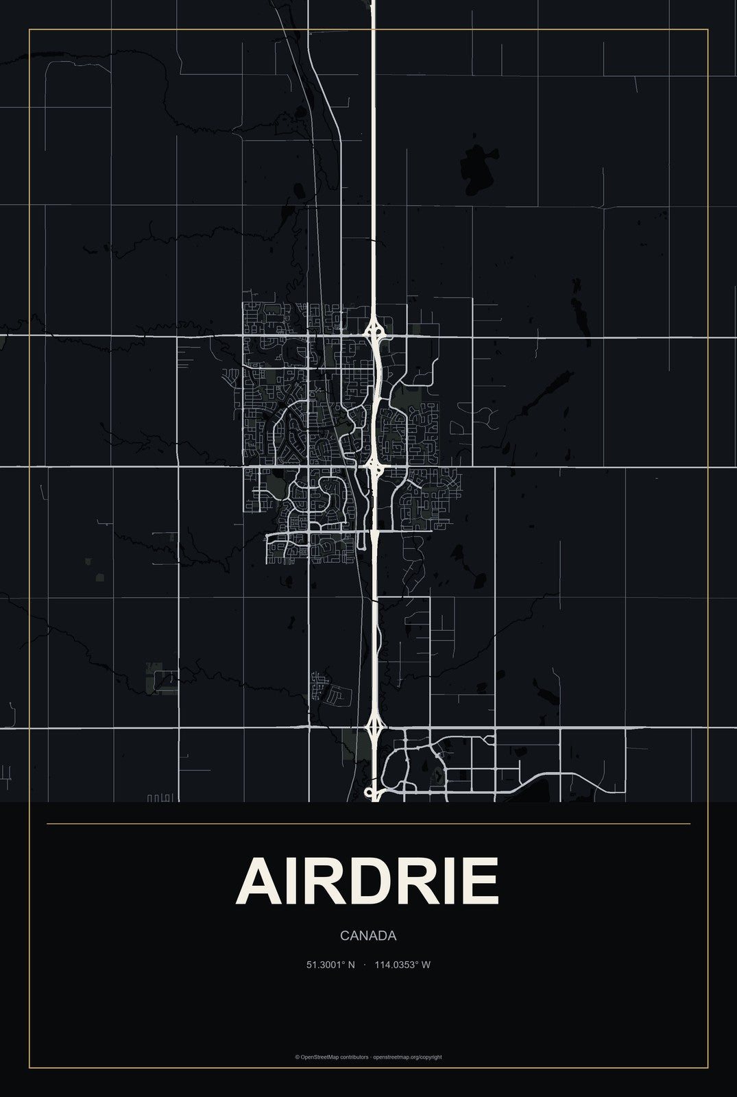Airdrie, Canada City Map Aluminum Sign in Metropolitan Noir style