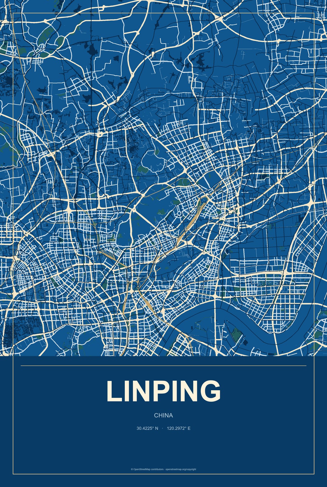 Linping, China City Map Aluminum Sign in Harbor Cobalt style