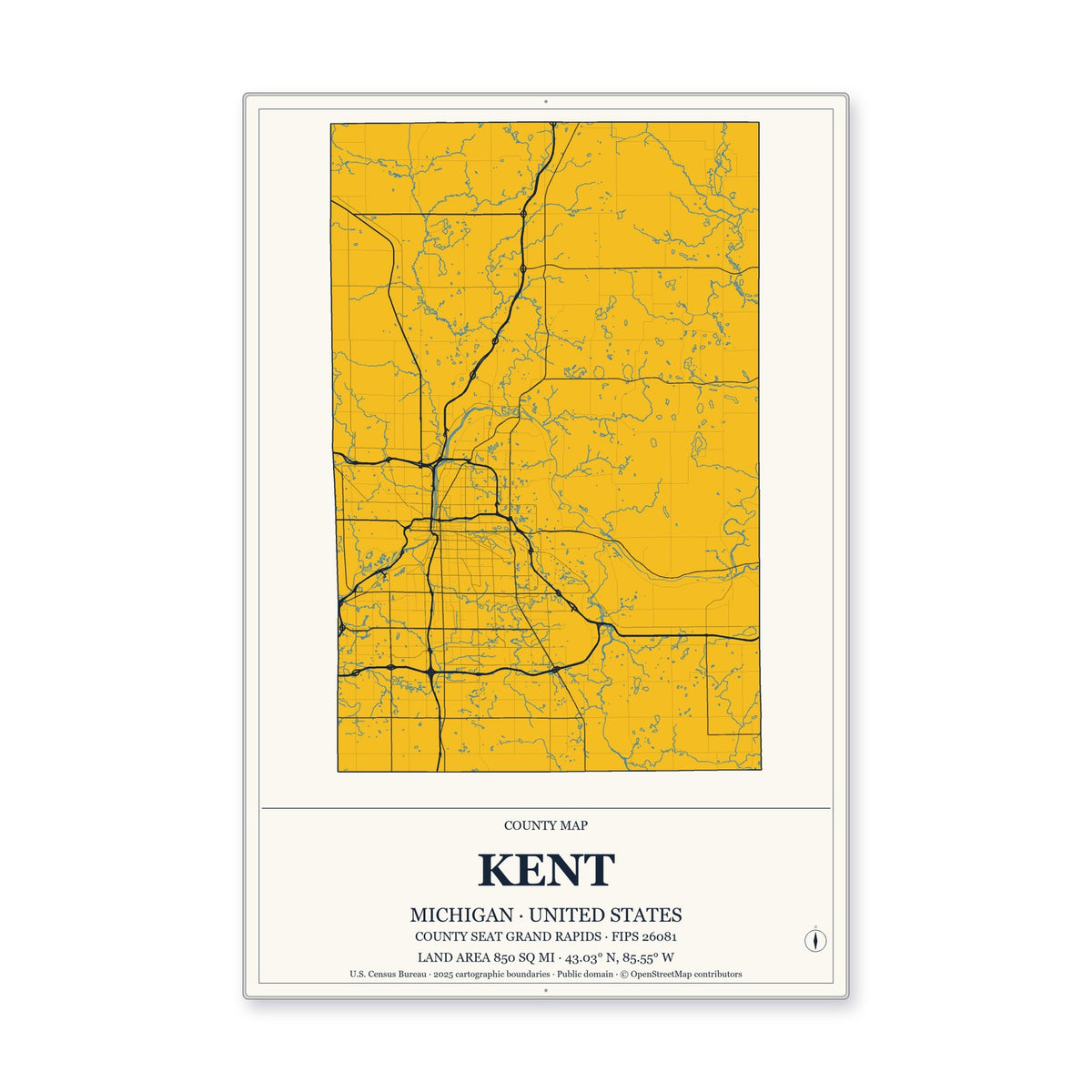 Kent County, Michigan Map Aluminum Sign in Citrine Modern style