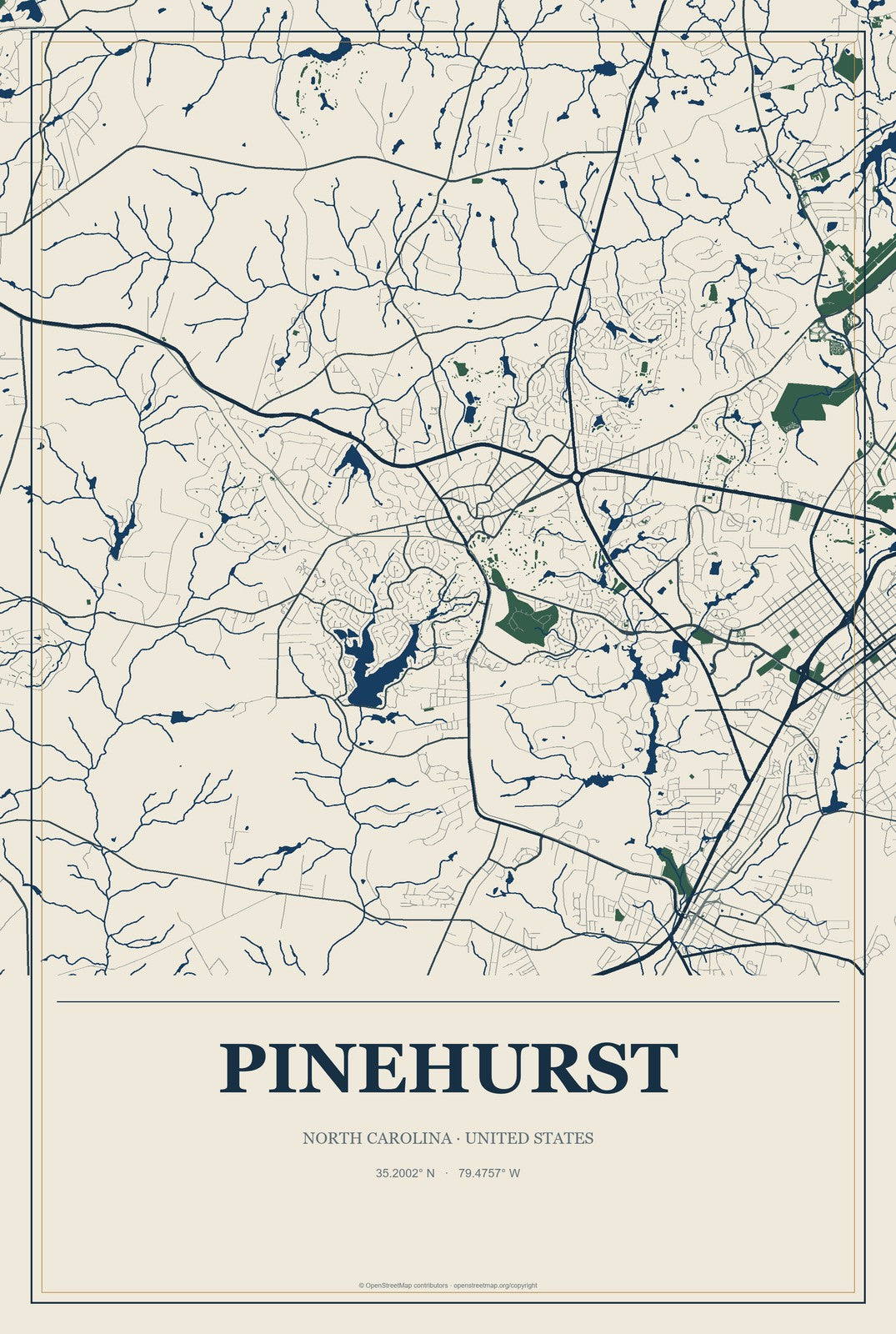 Pinehurst, North Carolina City Map Aluminum Sign in Coastal Cutout style