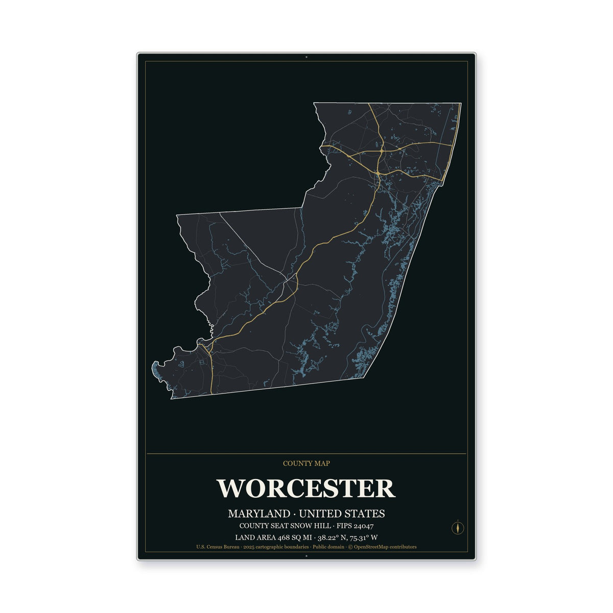 Worcester County, Maryland Map Aluminum Sign in Metropolitan Noir style