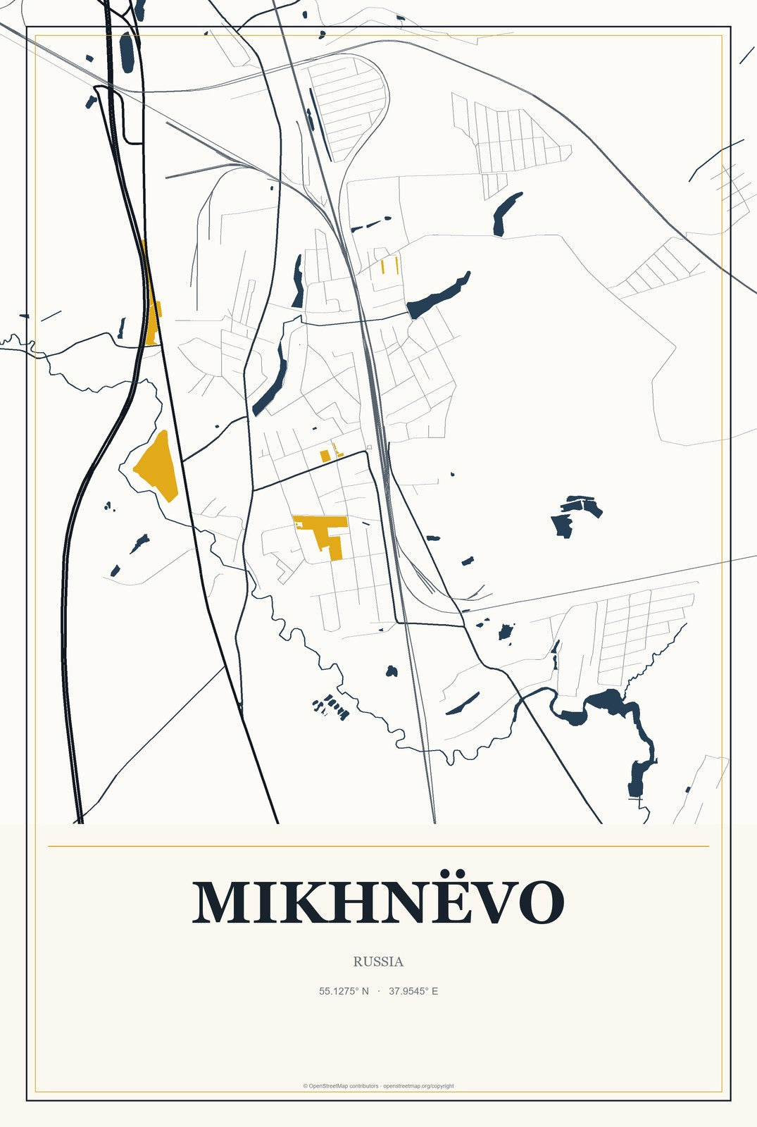 Mikhnëvo, Russia City Map Aluminum Sign in Citrine Modern style