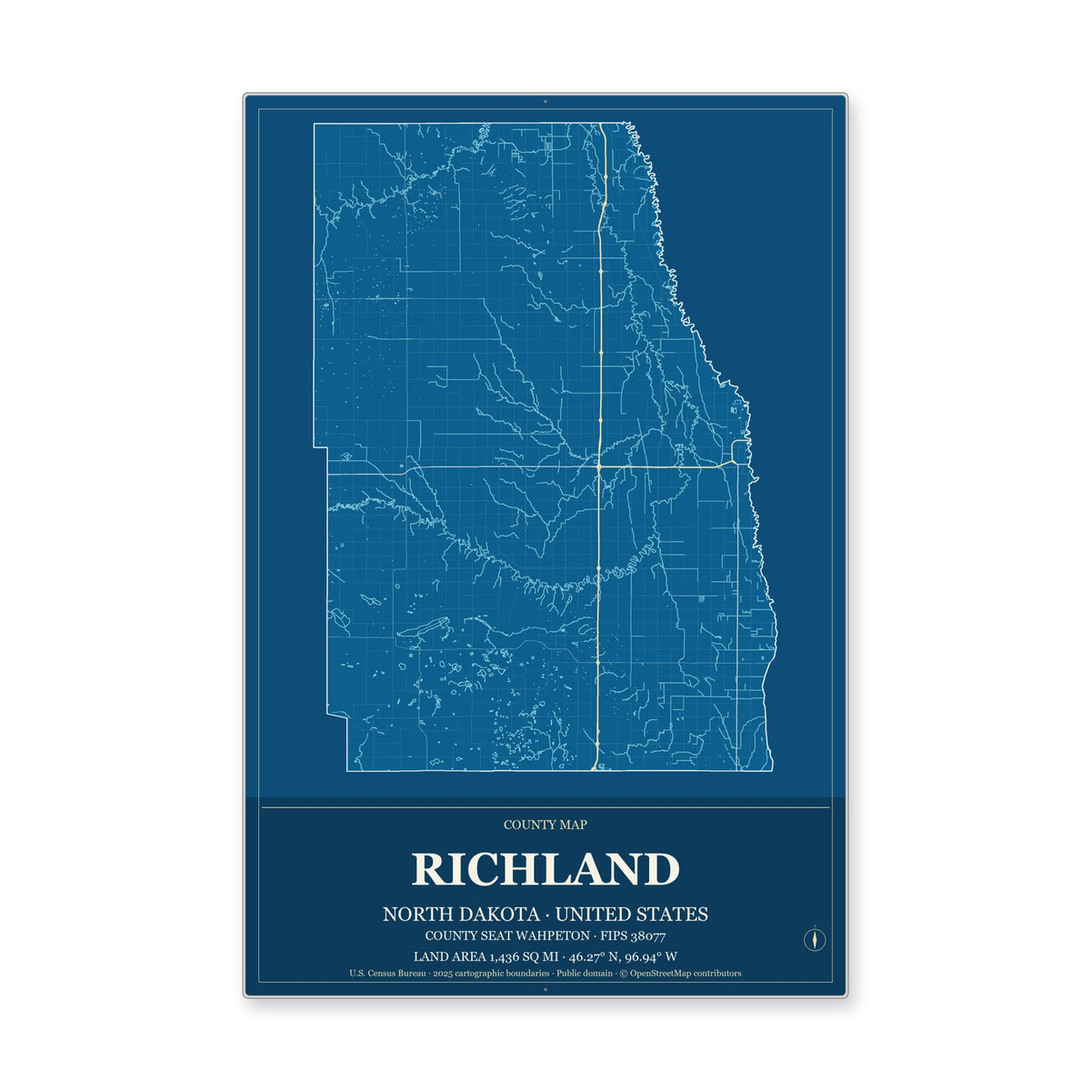 Richland County, North Dakota Map Aluminum Sign in Harbor Cobalt style