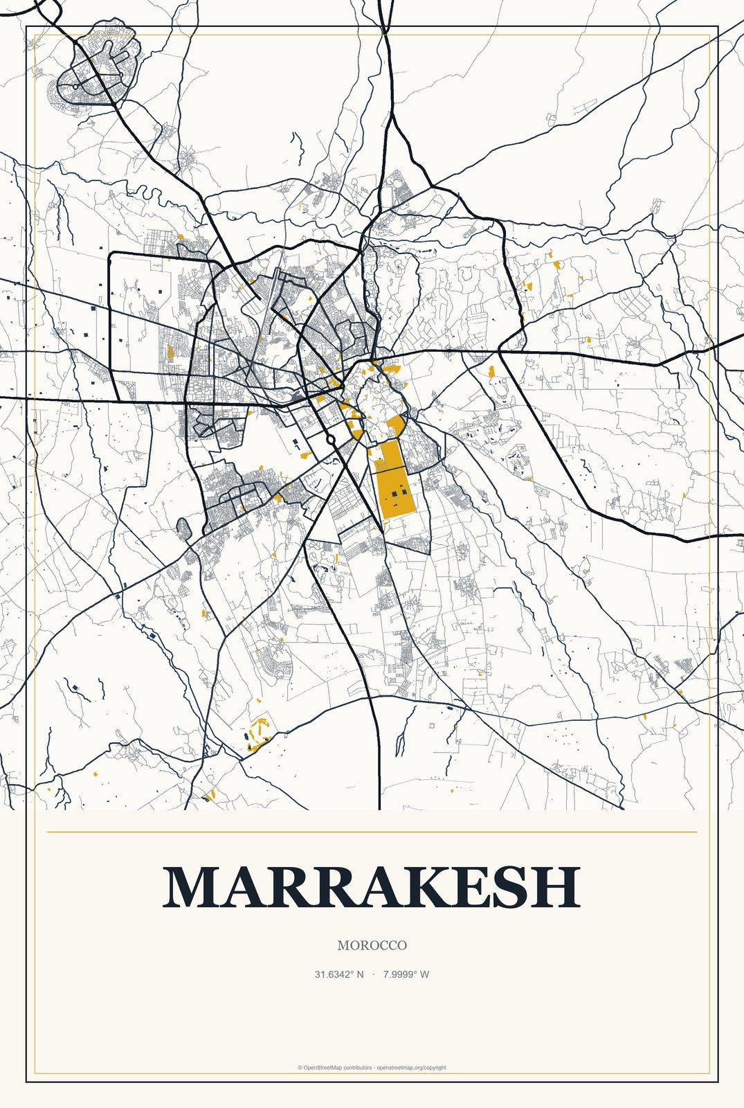 Marrakesh, Morocco City Map Aluminum Sign in Citrine Modern style