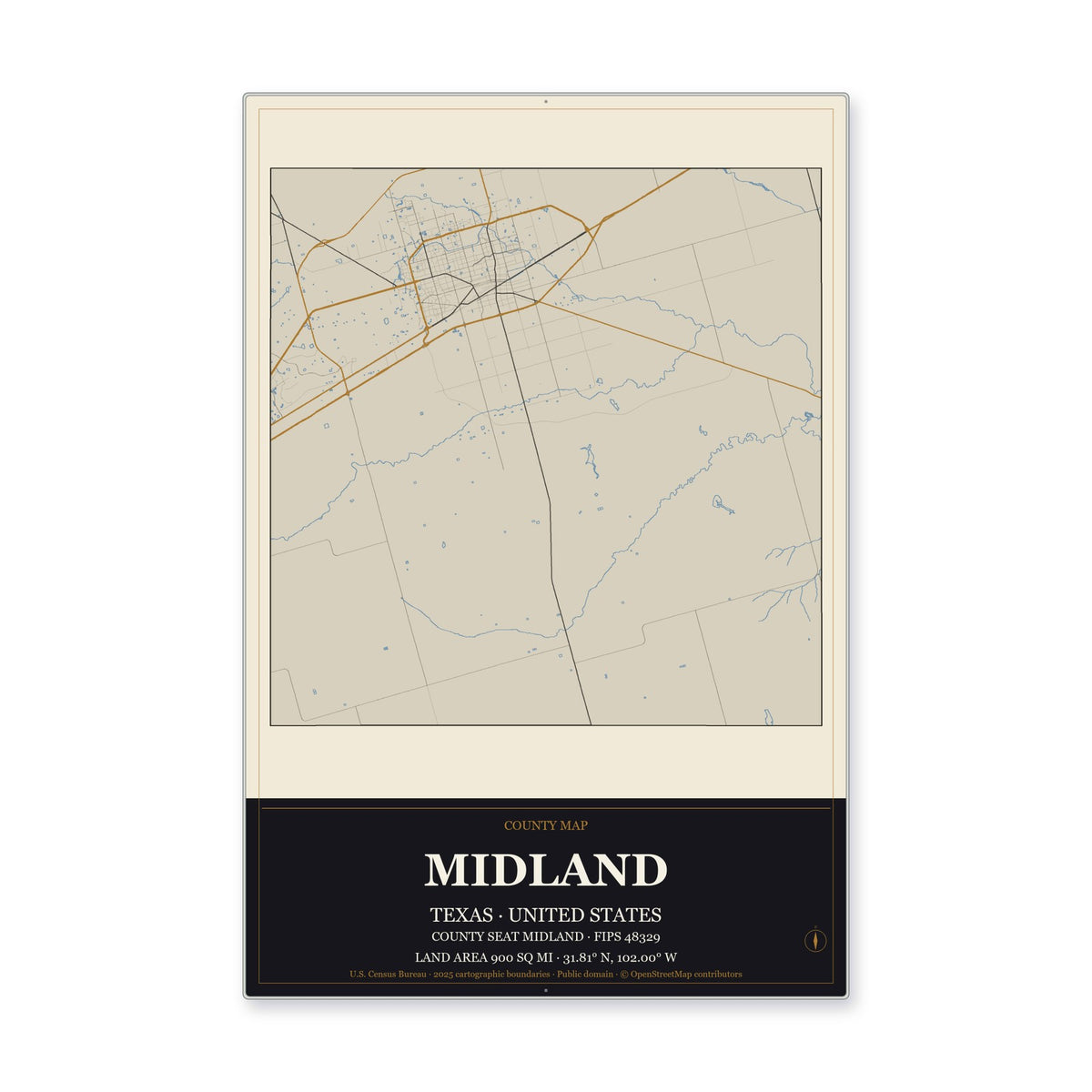 Midland County, Texas Map Aluminum Sign in Museum Plaque style