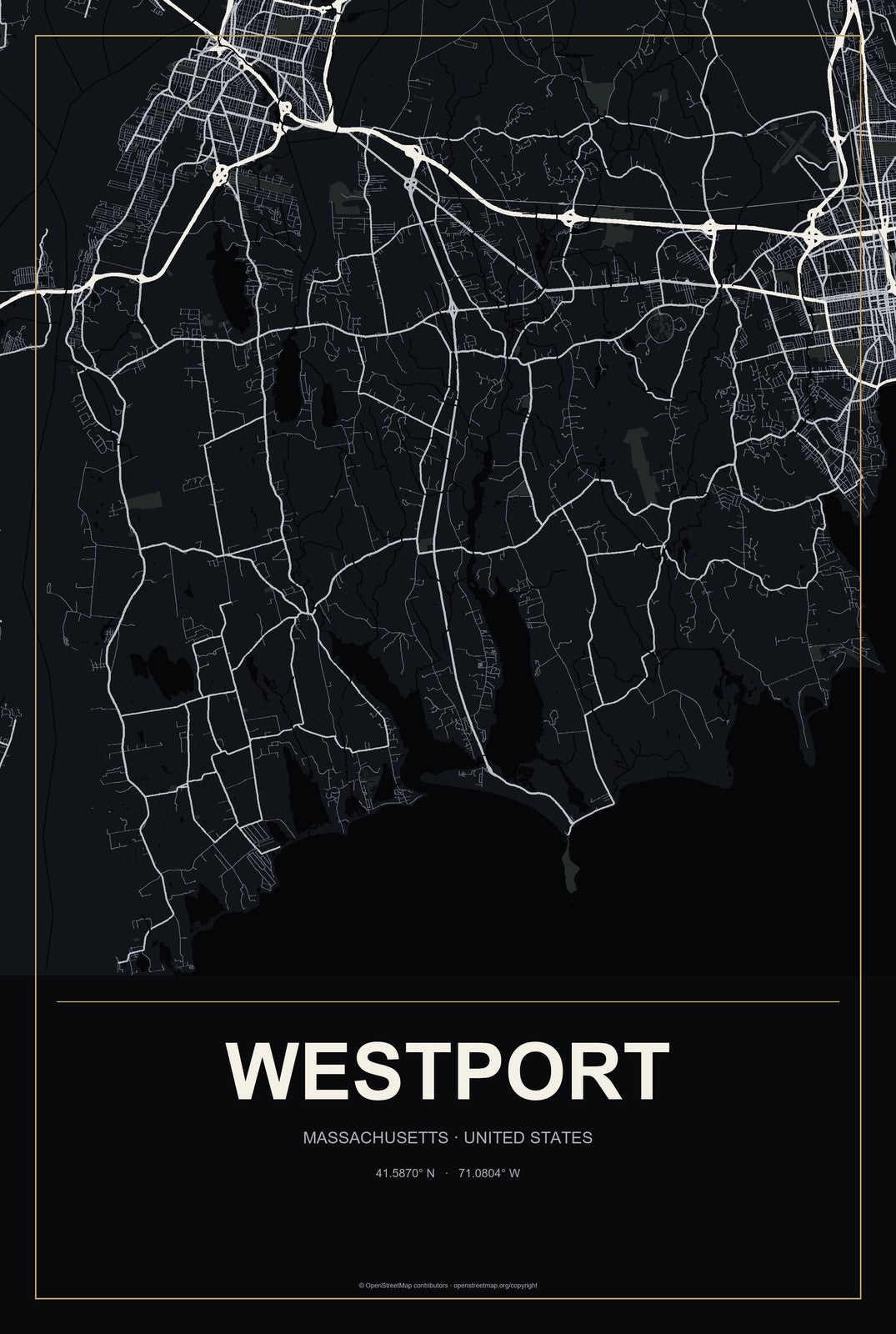 Westport, Massachusetts City Map Aluminum Sign in Metropolitan Noir style