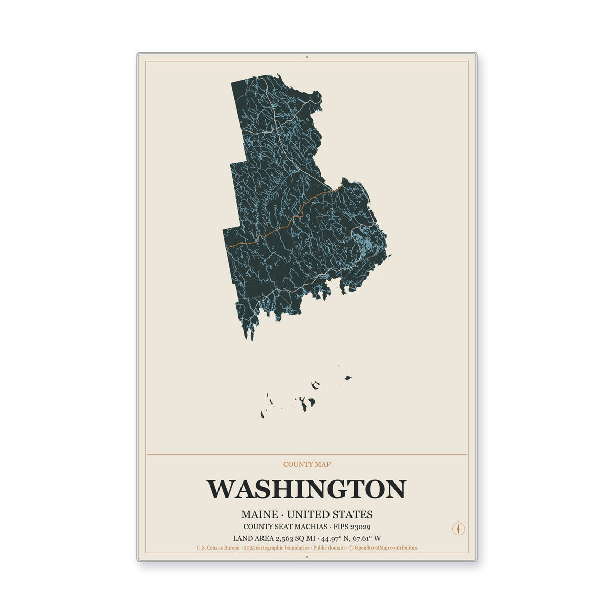 Washington County, Maine Map Aluminum Sign in Headline Atlas style