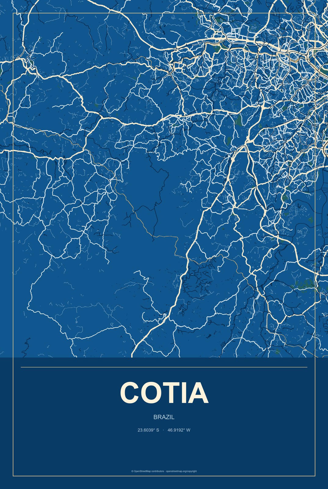 Cotia, Brazil City Map Aluminum Sign in Harbor Cobalt style