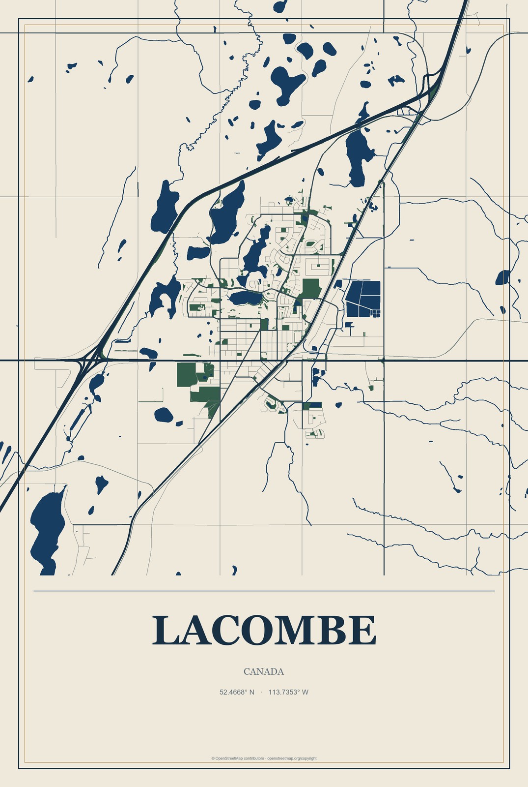 Lacombe, Canada City Map Aluminum Sign in Coastal Cutout style