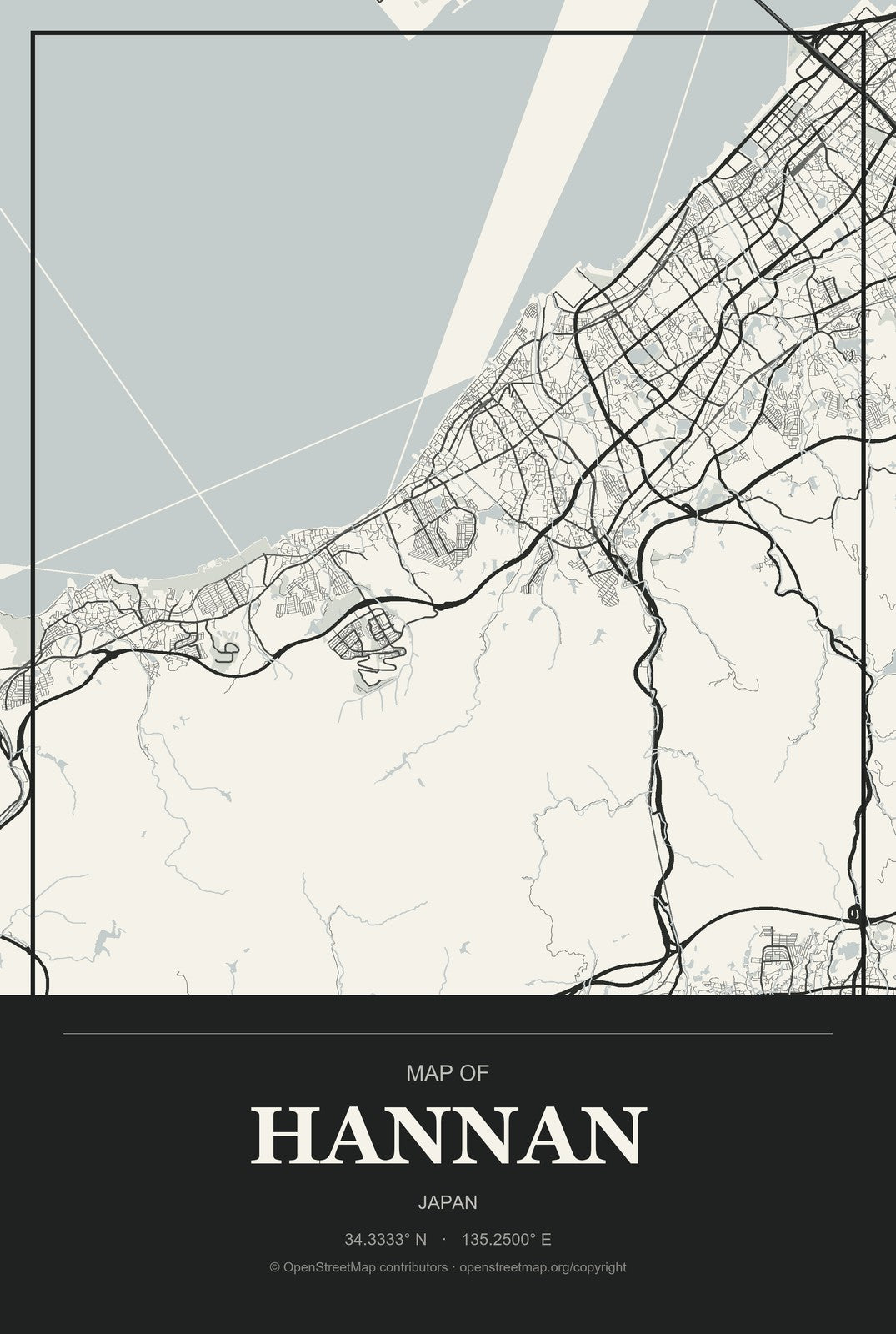 Hannan, Japan City Map Aluminum Sign in Museum Plaque style
