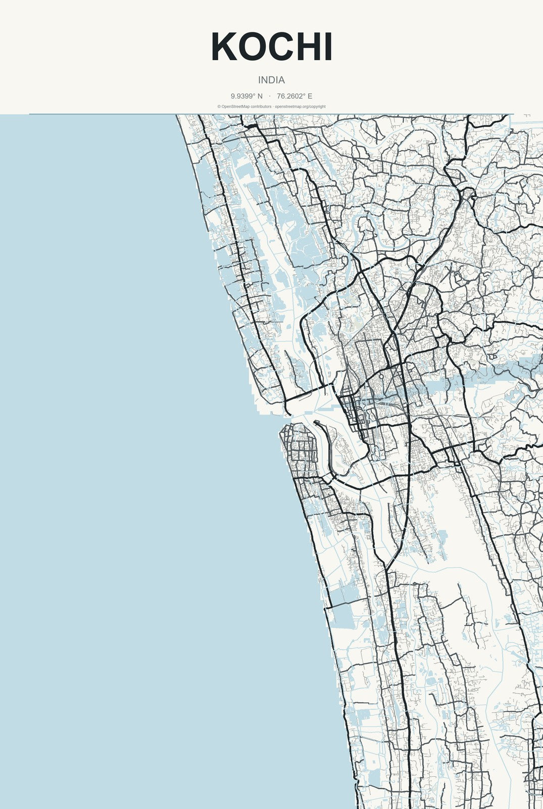 Kochi, India City Map Aluminum Sign in Headline Atlas style