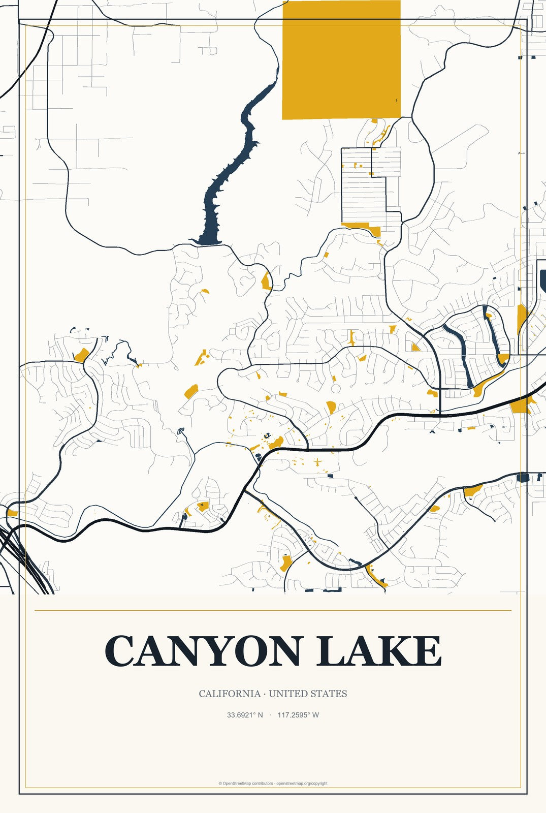 Canyon Lake, California City Map Aluminum Sign in Citrine Modern style