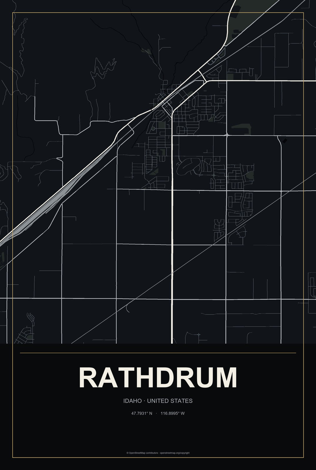 Rathdrum, Idaho City Map Aluminum Sign in Metropolitan Noir style