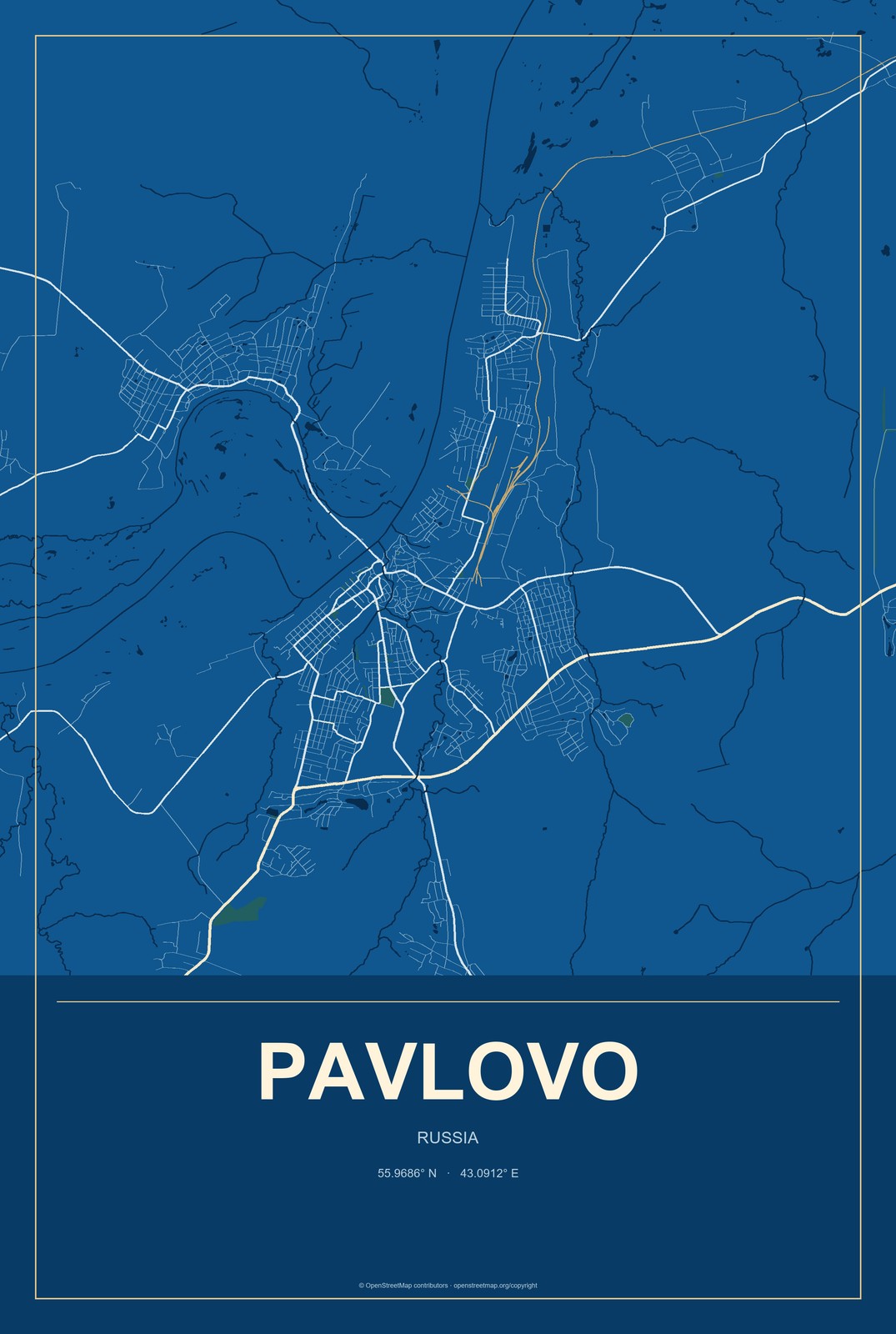 Pavlovo, Russia City Map Aluminum Sign in Harbor Cobalt style