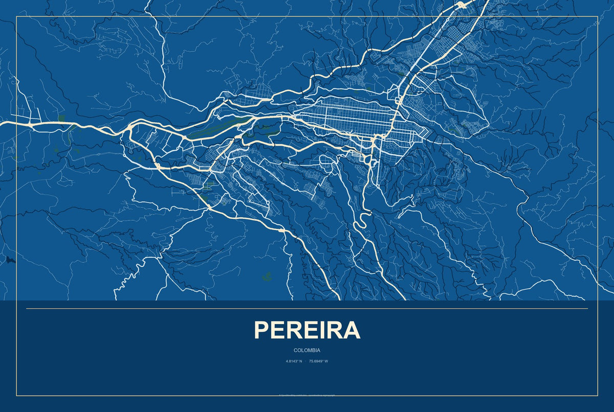 Pereira, Colombia City Map Aluminum Sign in Harbor Cobalt style