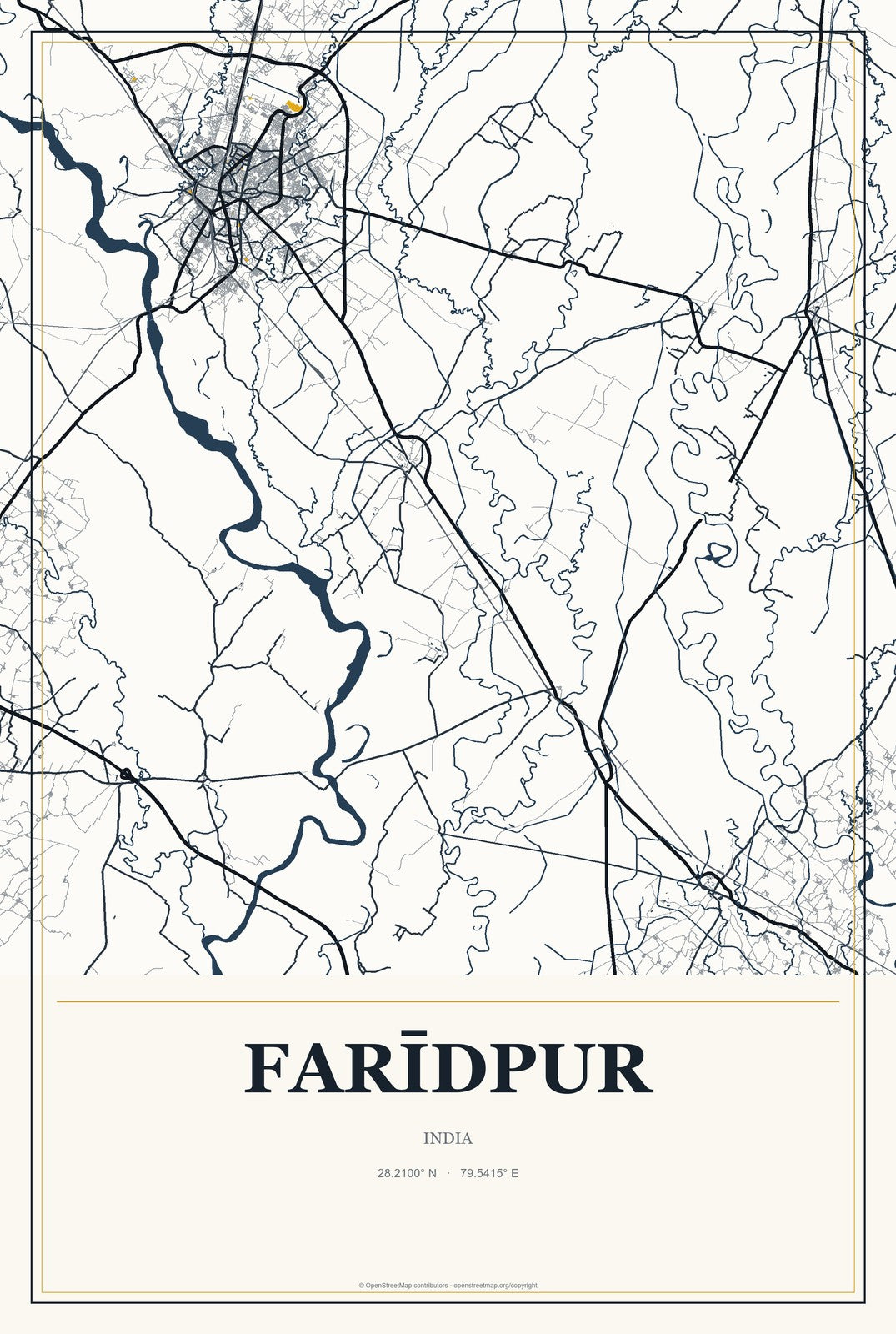 Farīdpur, India City Map Aluminum Sign in Citrine Modern style
