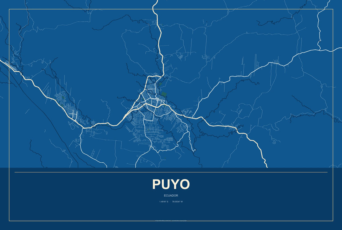 Puyo, Ecuador City Map Aluminum Sign in Harbor Cobalt style