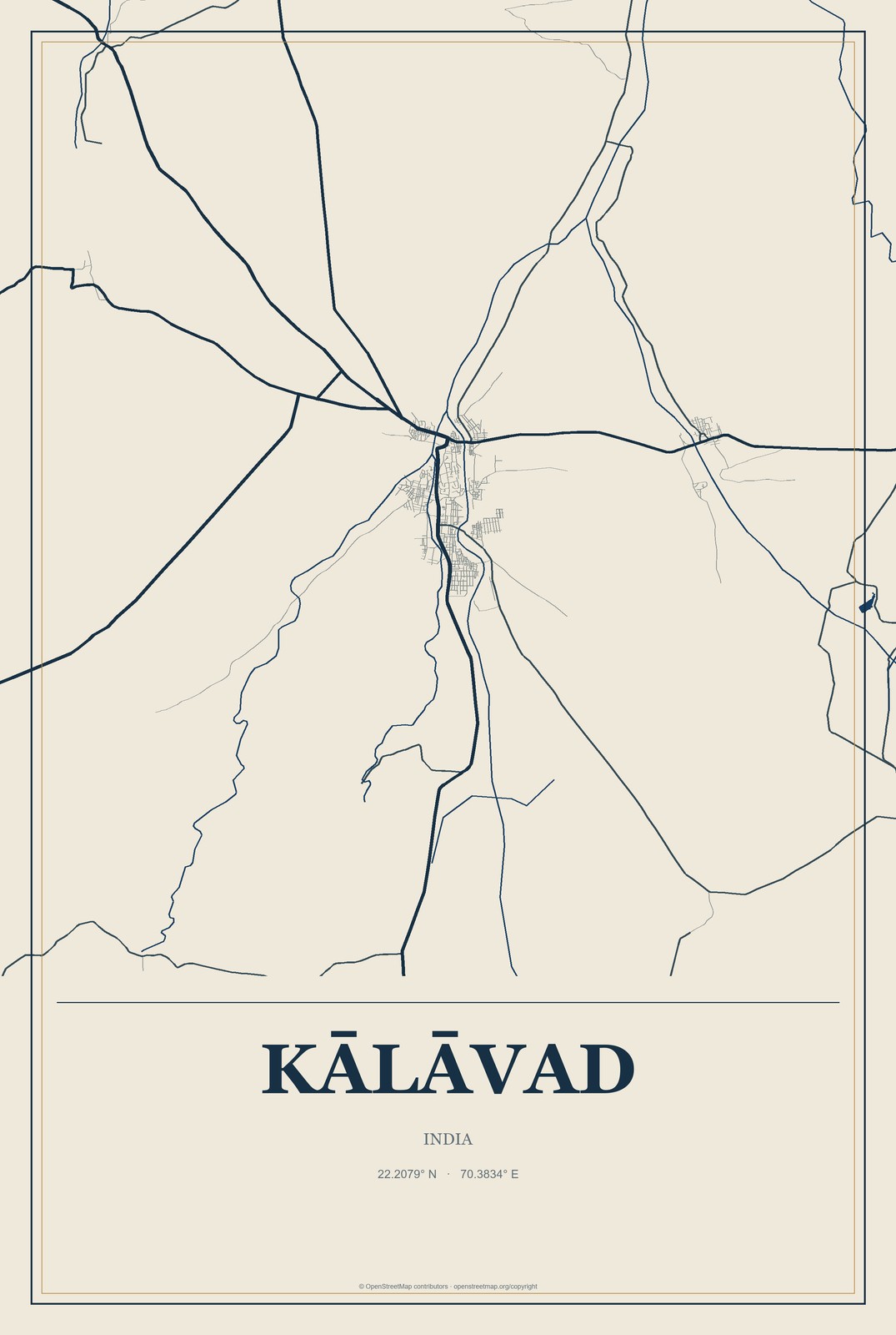 Kālāvad, India City Map Aluminum Sign in Coastal Cutout style
