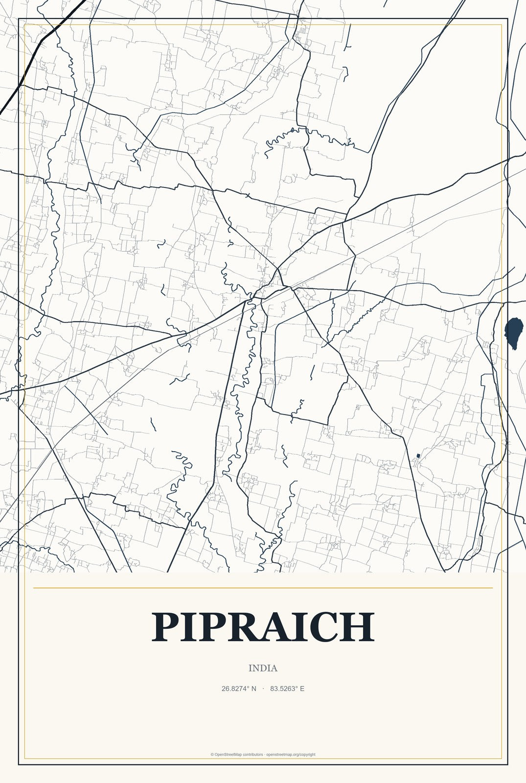 Pipraich, India City Map Aluminum Sign in Citrine Modern style