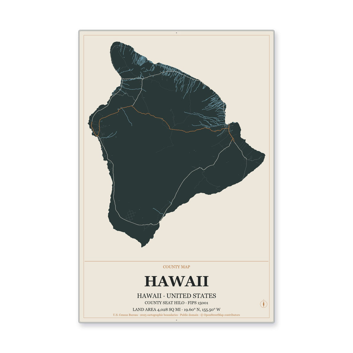 Hawaii County, Hawaii Map Aluminum Sign in Headline Atlas style