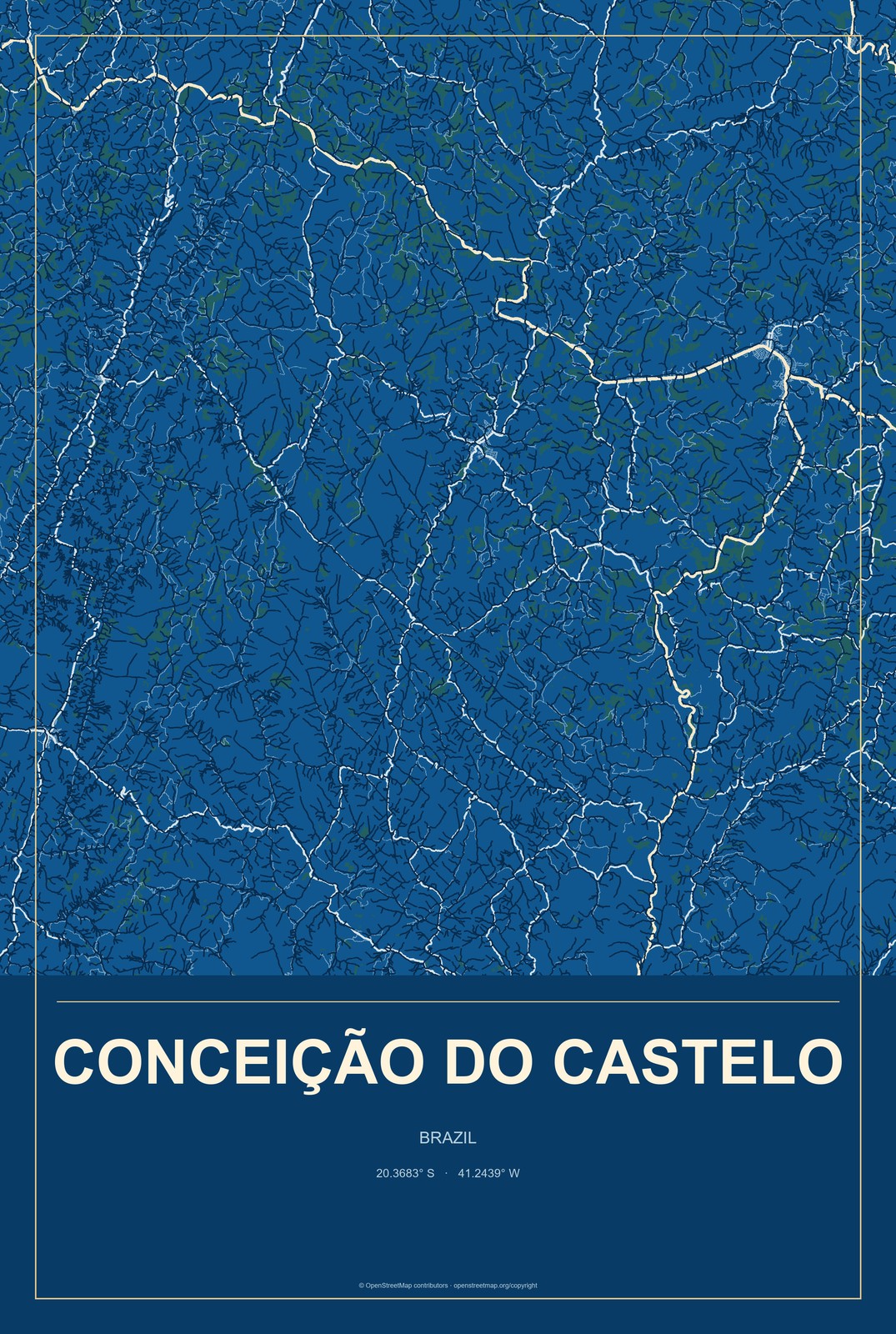 Conceição do Castelo, Brazil City Map Aluminum Sign in Harbor Cobalt style
