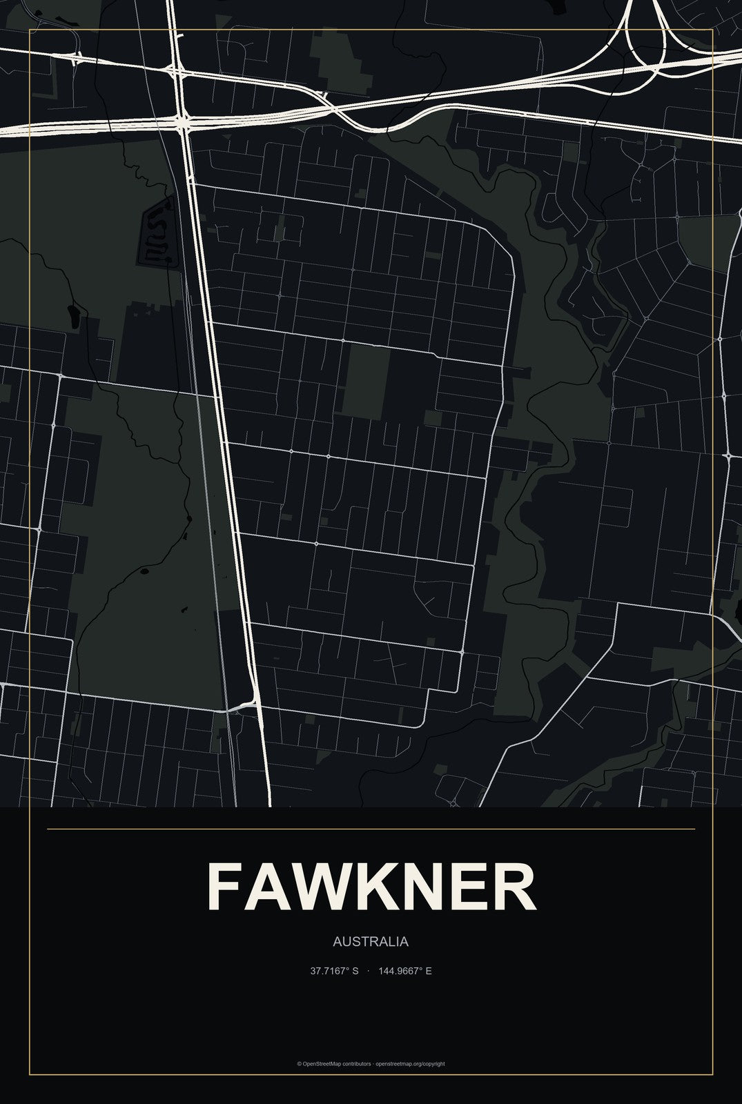 Fawkner, Australia City Map Aluminum Sign in Metropolitan Noir style