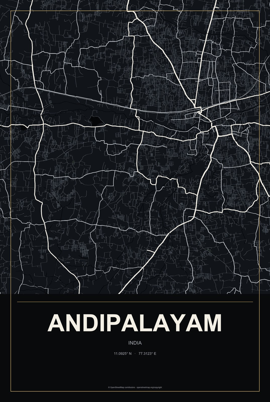 Andipalayam, India City Map Aluminum Sign in Metropolitan Noir style