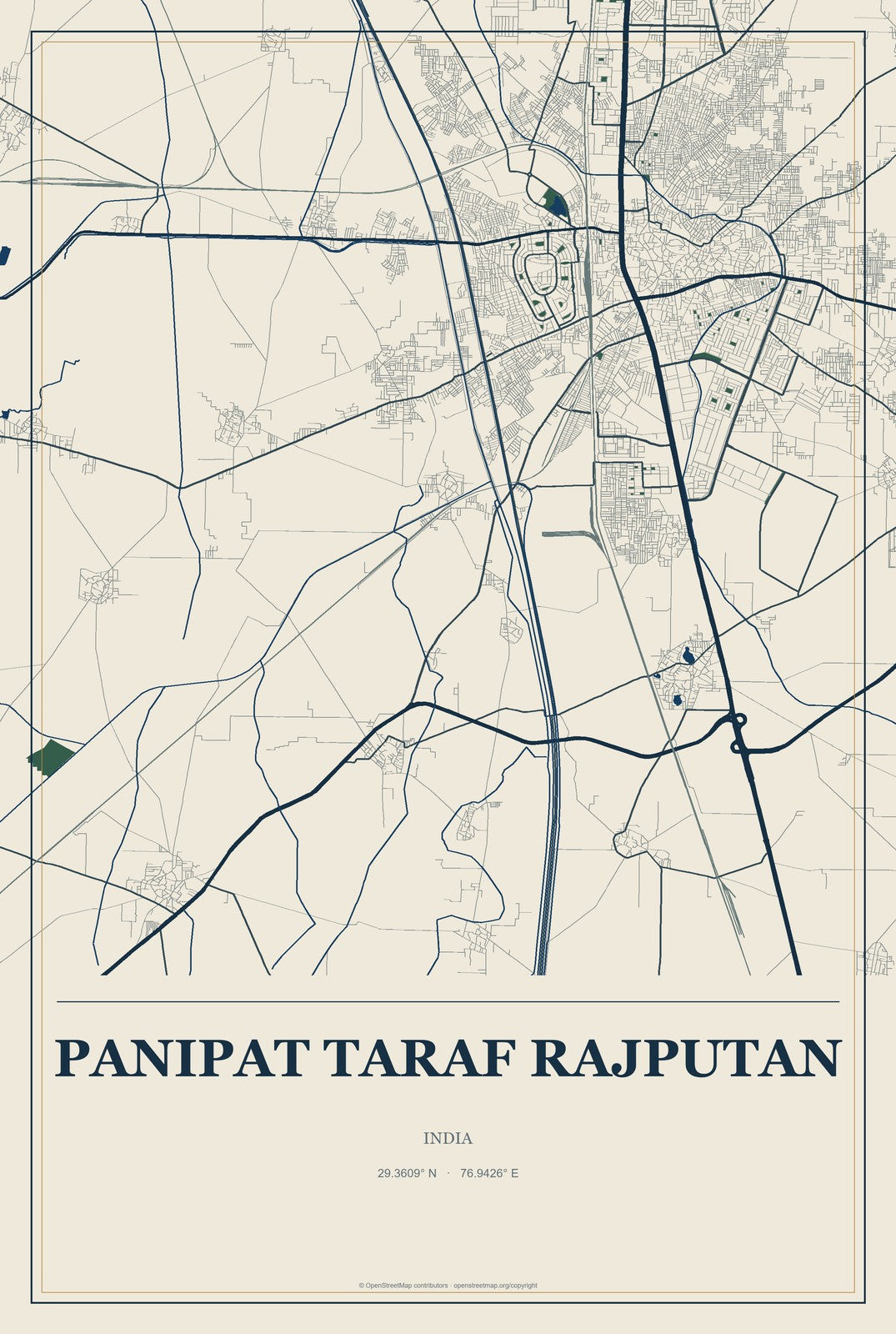 Panipat Taraf Rajputan, India City Map Aluminum Sign in Coastal Cutout style