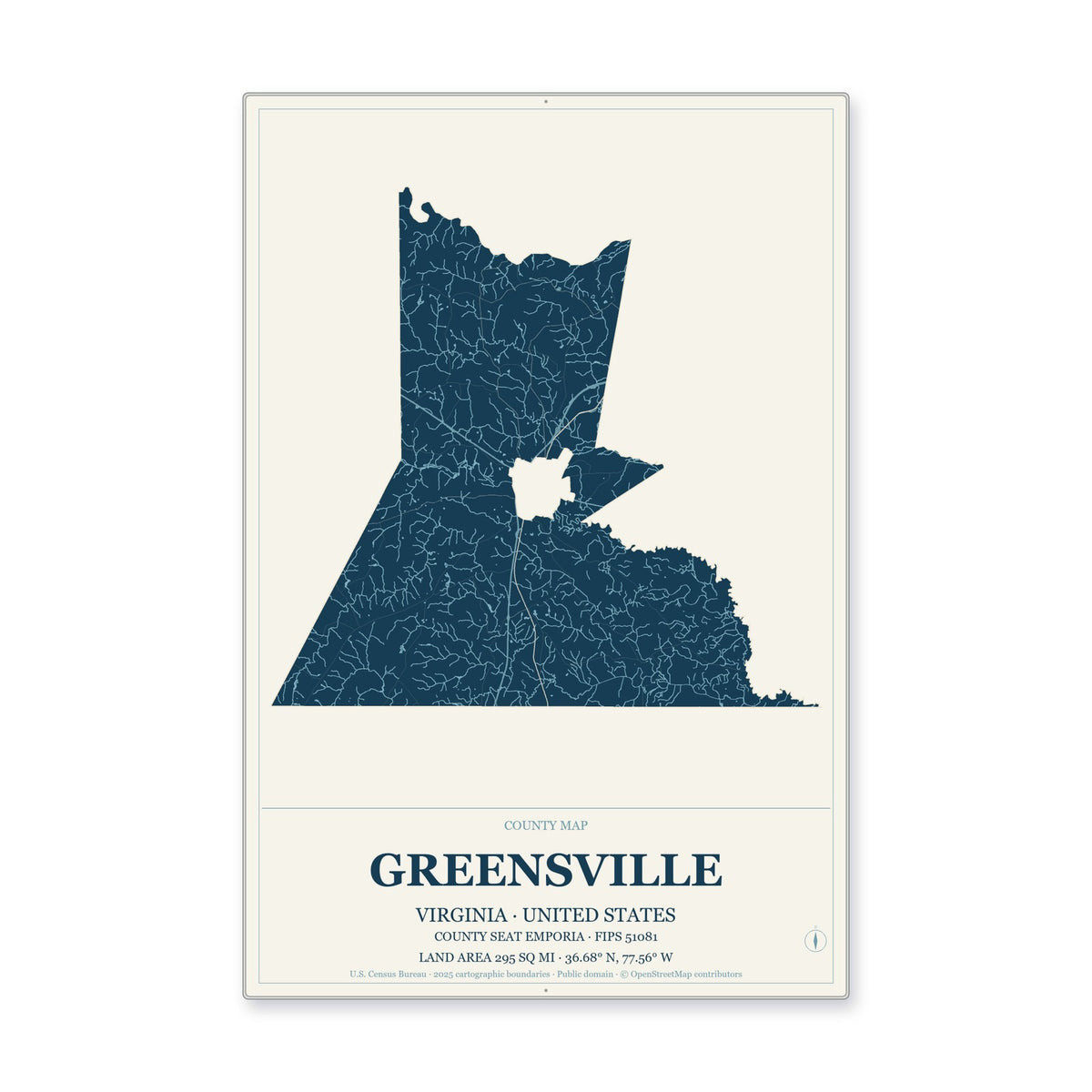 Greensville County, Virginia Map Aluminum Sign in Coastal Cutout style