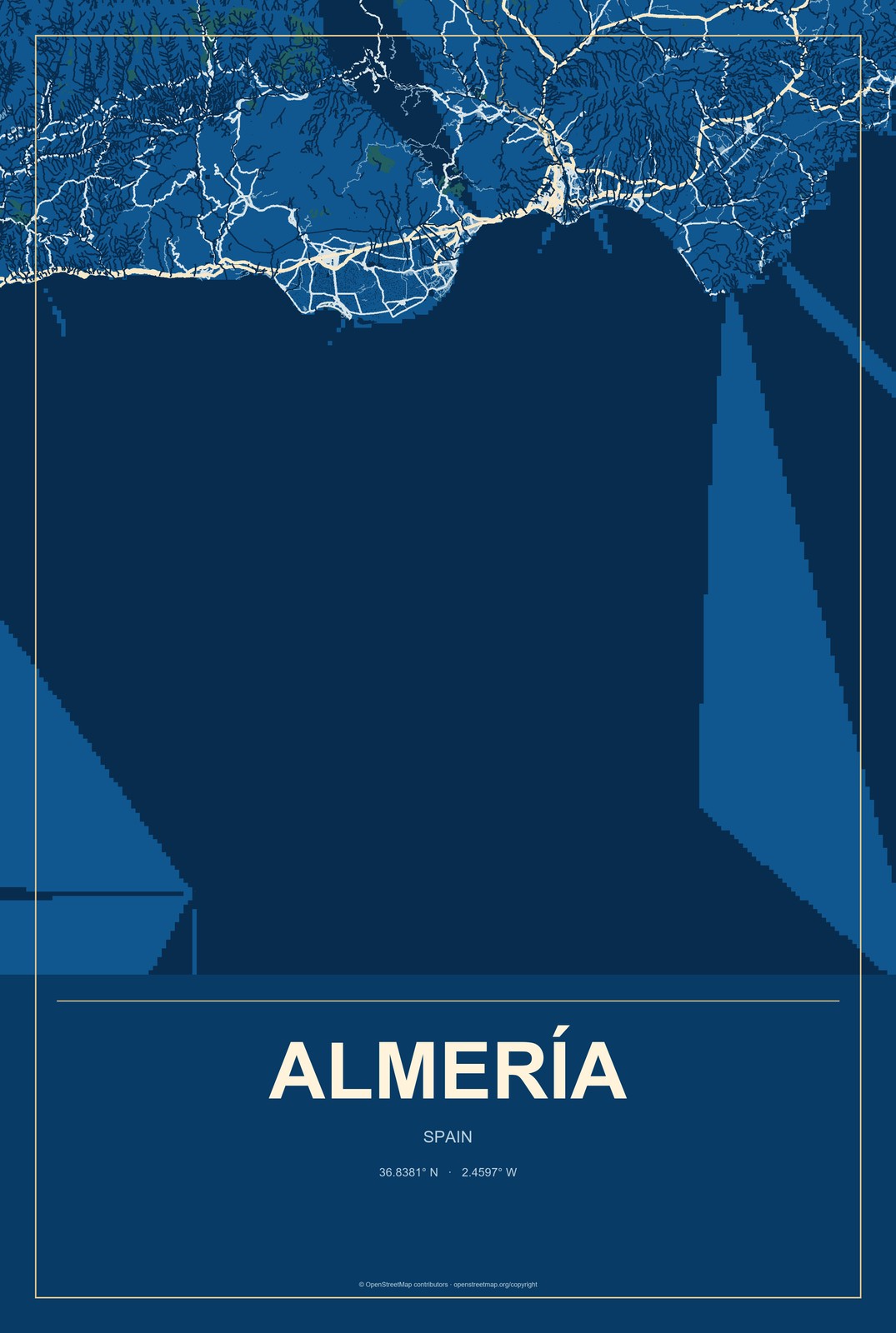 Almería, Spain City Map Aluminum Sign in Harbor Cobalt style
