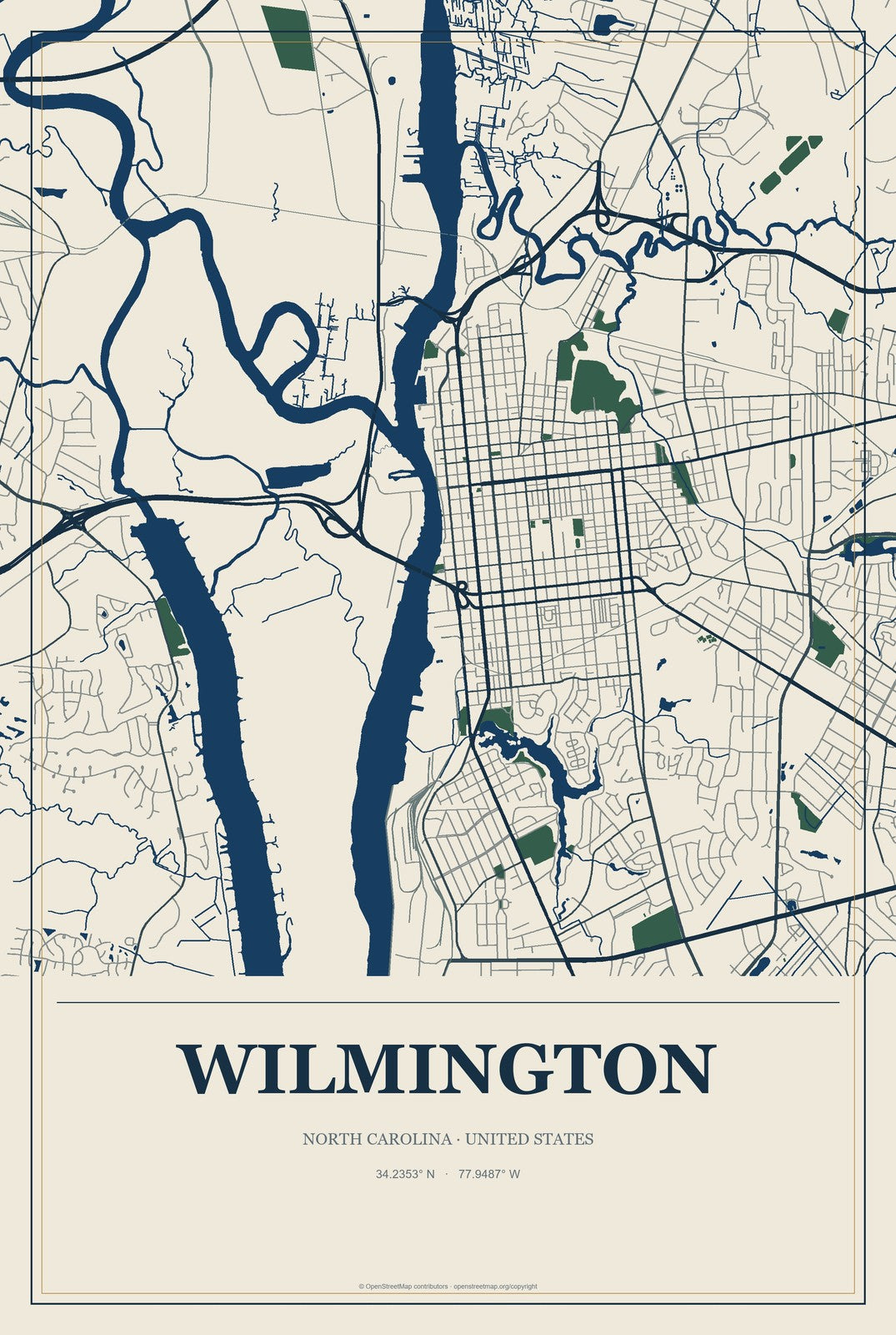 Wilmington, North Carolina City Map Aluminum Sign in Coastal Cutout style
