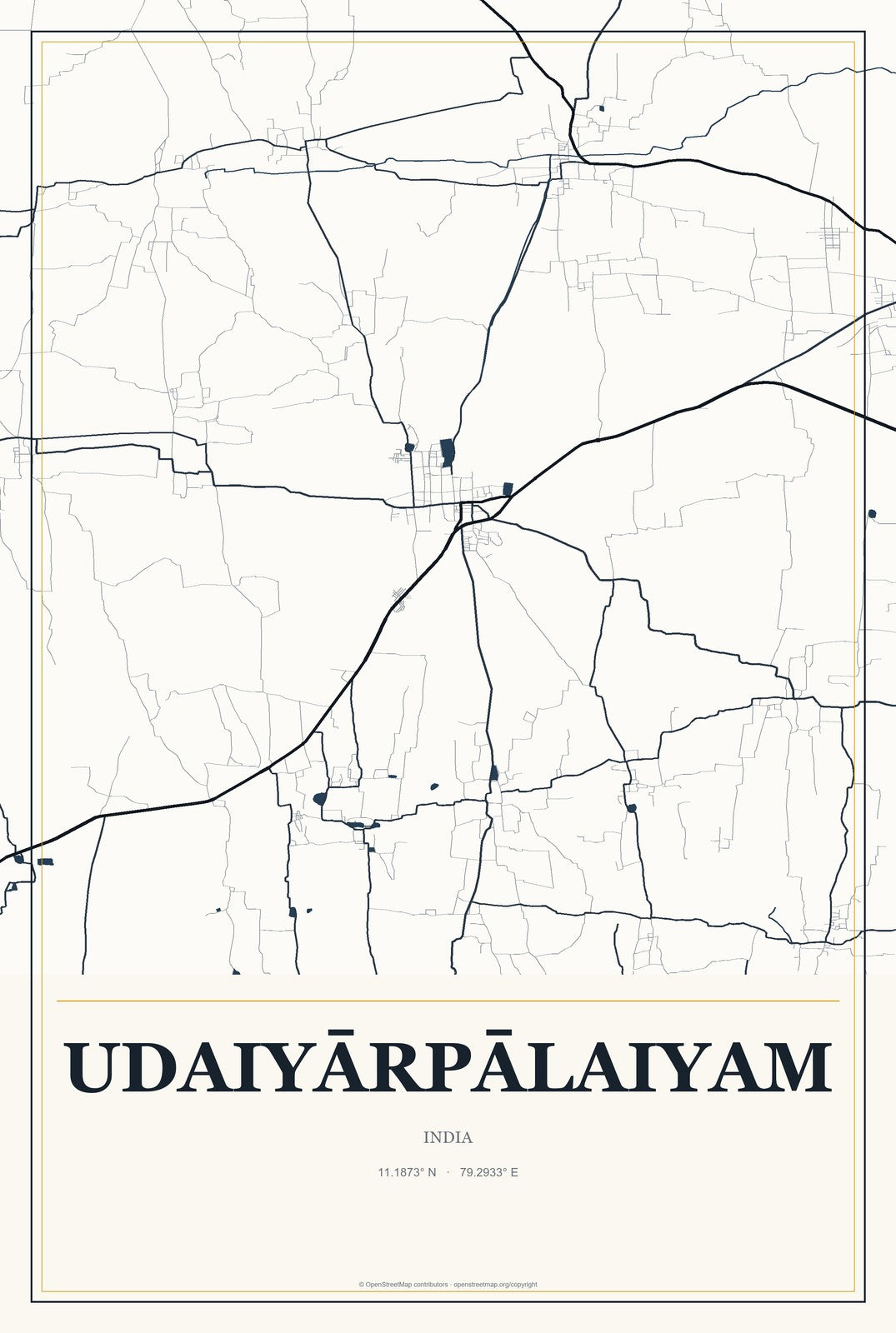 Udaiyārpālaiyam, India City Map Aluminum Sign in Citrine Modern style