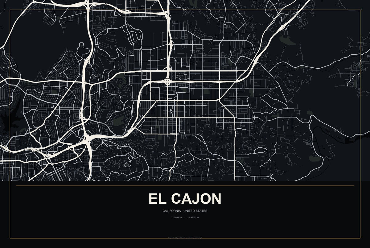 El Cajon, California City Map Aluminum Sign in Metropolitan Noir style