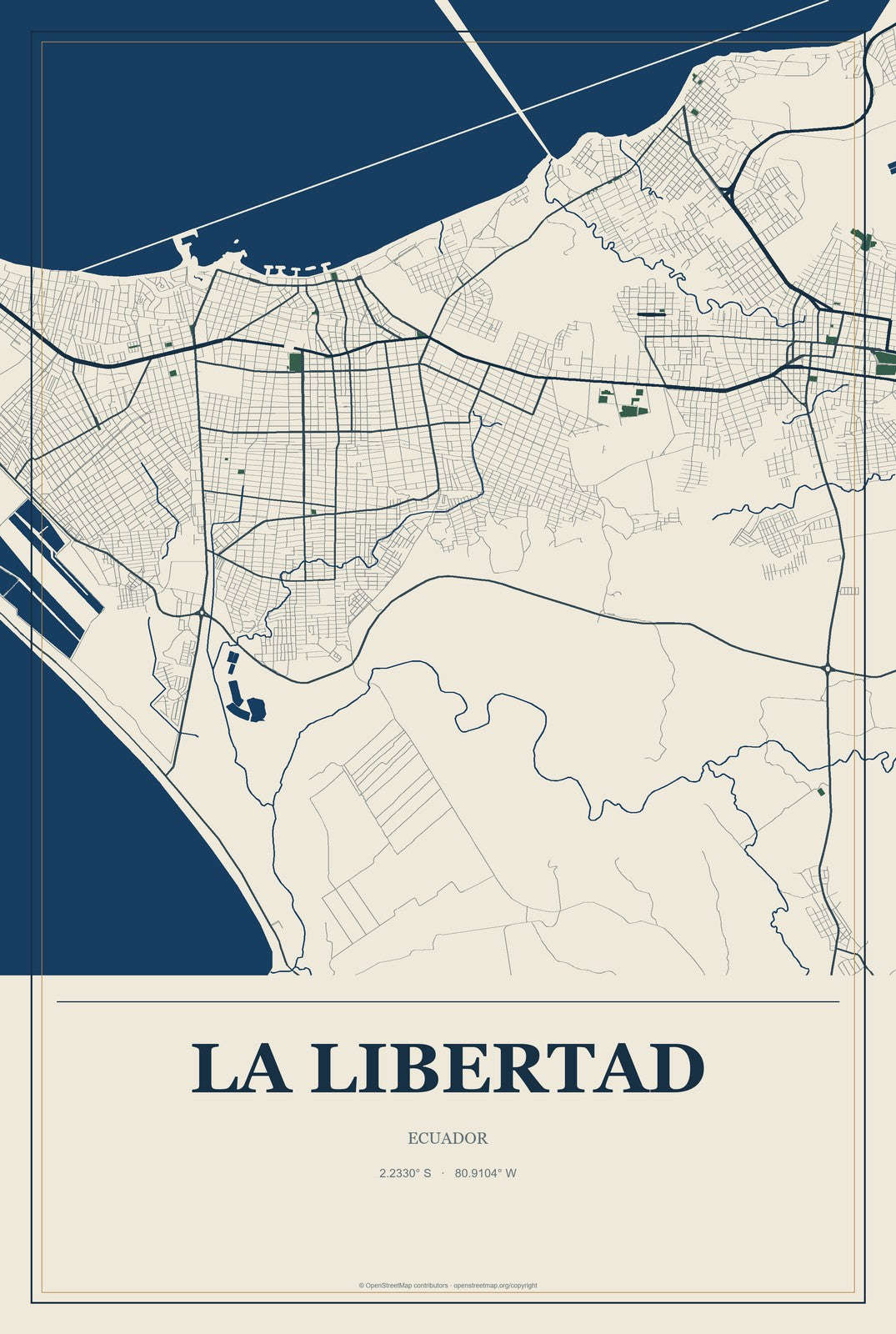 La Libertad, Ecuador City Map Aluminum Sign in Coastal Cutout style