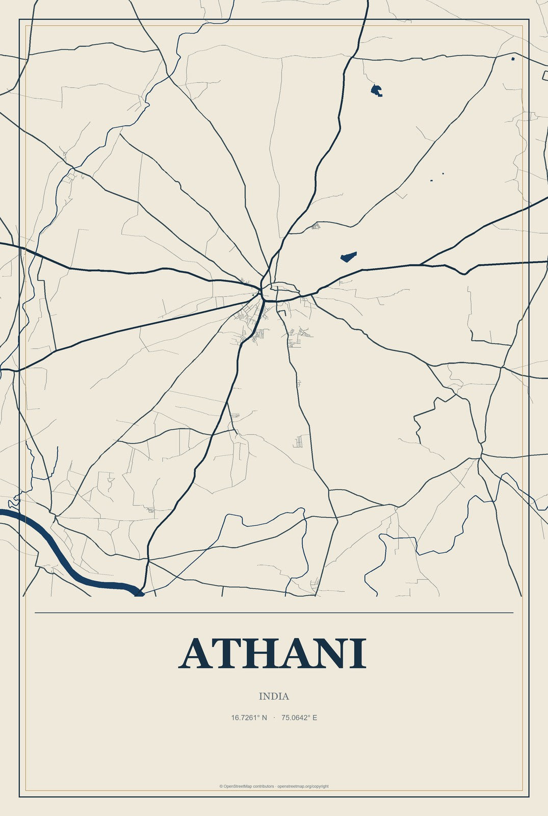 Athani, India City Map Aluminum Sign in Coastal Cutout style