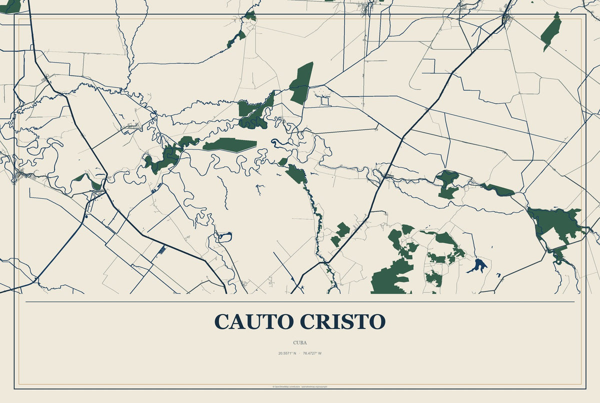 Cauto Cristo, Cuba City Map Aluminum Sign in Coastal Cutout style