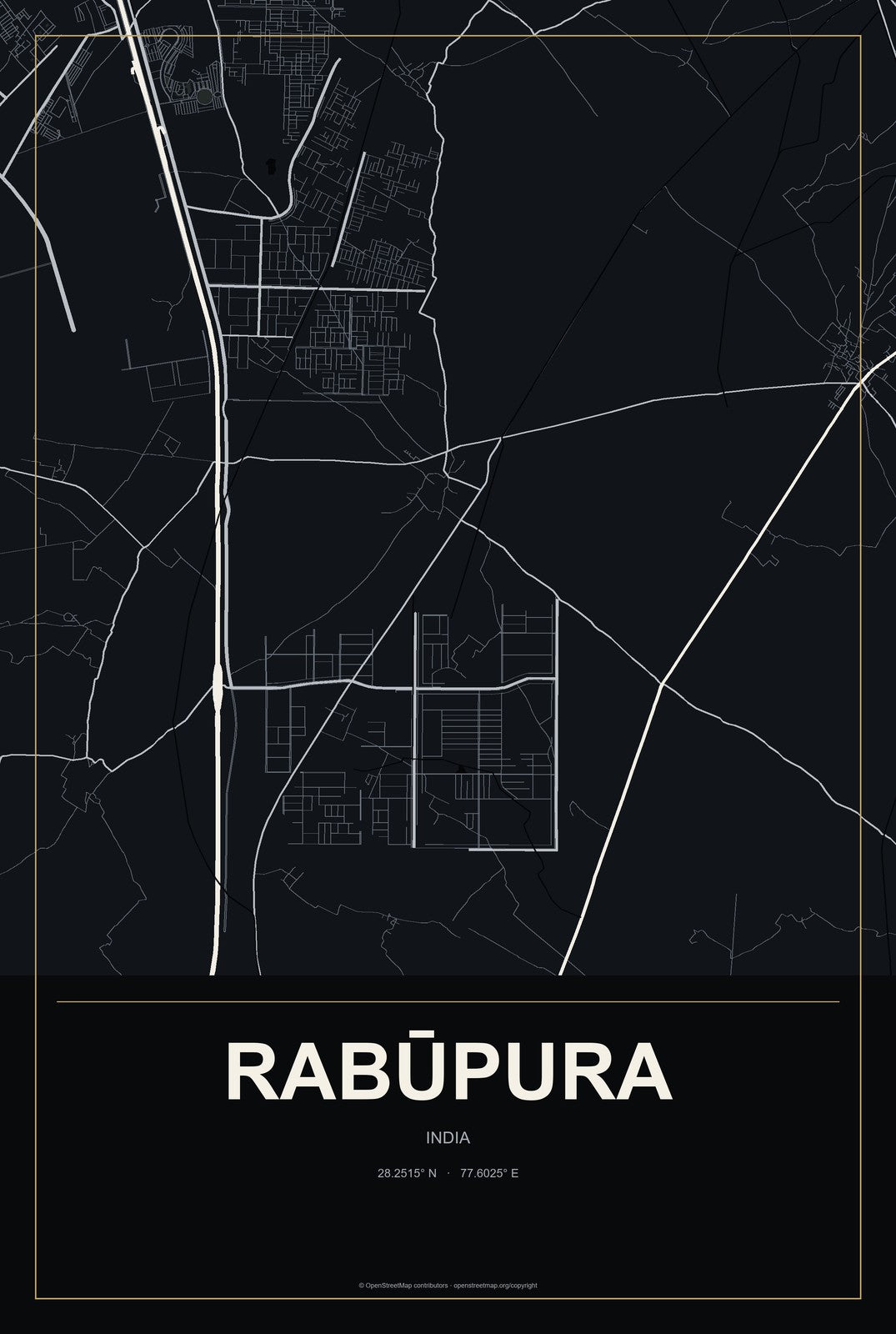 Rabūpura, India City Map Aluminum Sign in Metropolitan Noir style