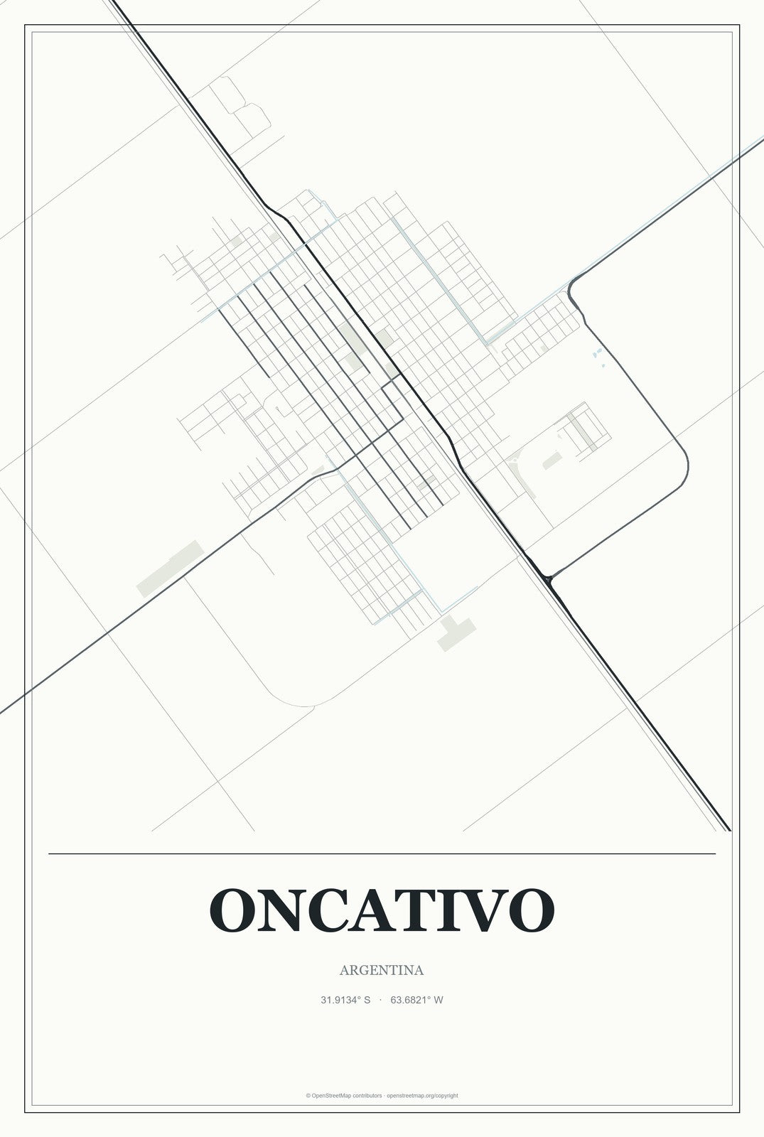 Oncativo, Argentina City Map Aluminum Sign in Gallery Air style