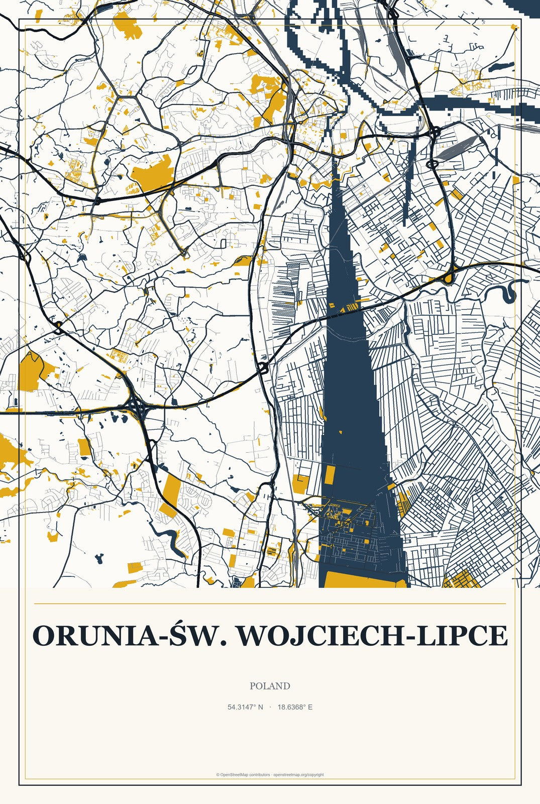 Orunia-Św. Wojciech-Lipce, Poland City Map Aluminum Sign in Citrine Modern style