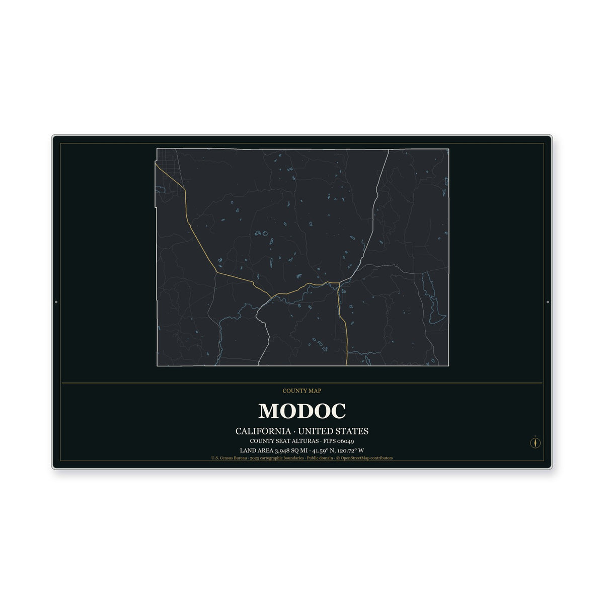 Modoc County, California Map Aluminum Sign in Metropolitan Noir style