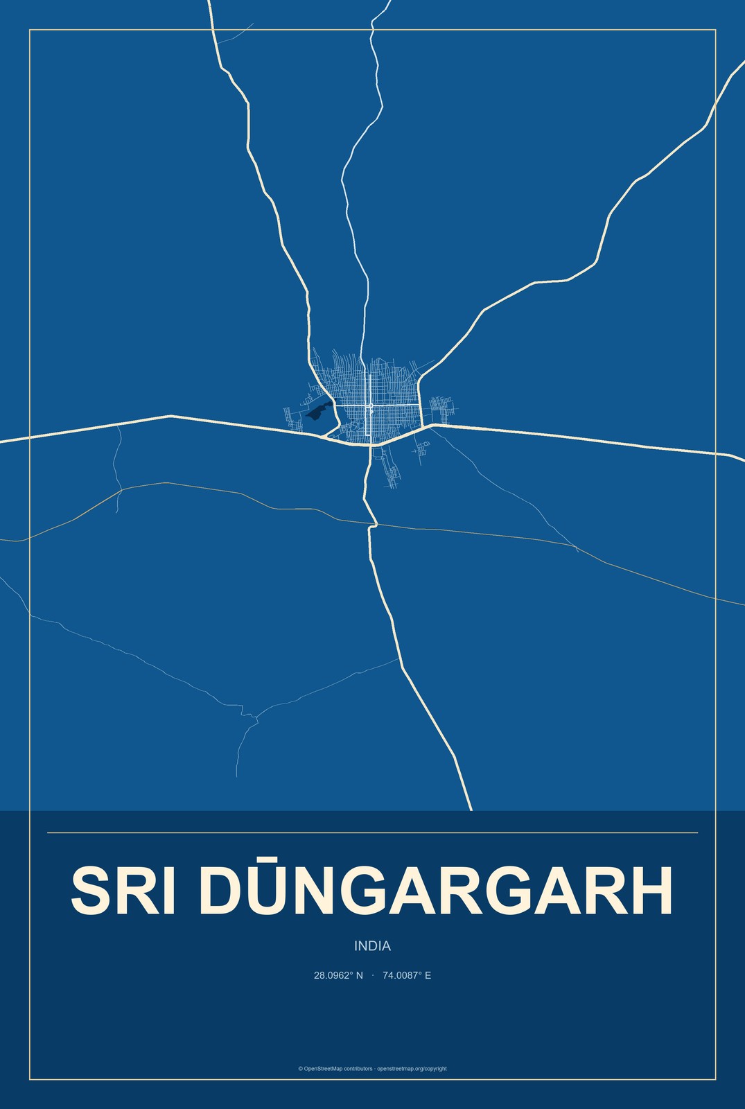 Sri Dūngargarh, India City Map Aluminum Sign in Harbor Cobalt style
