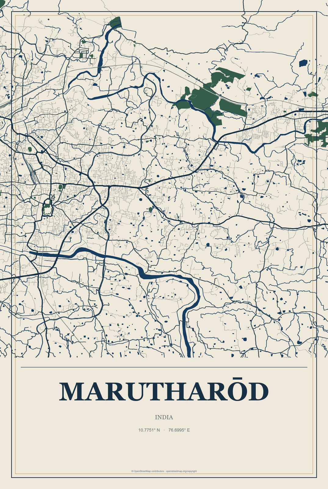 Marutharōd, India City Map Aluminum Sign in Coastal Cutout style
