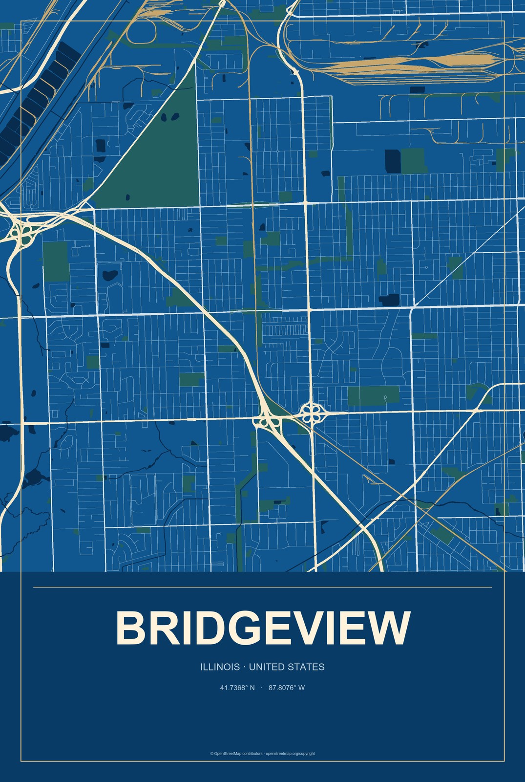 Bridgeview, Illinois City Map Aluminum Sign in Harbor Cobalt style