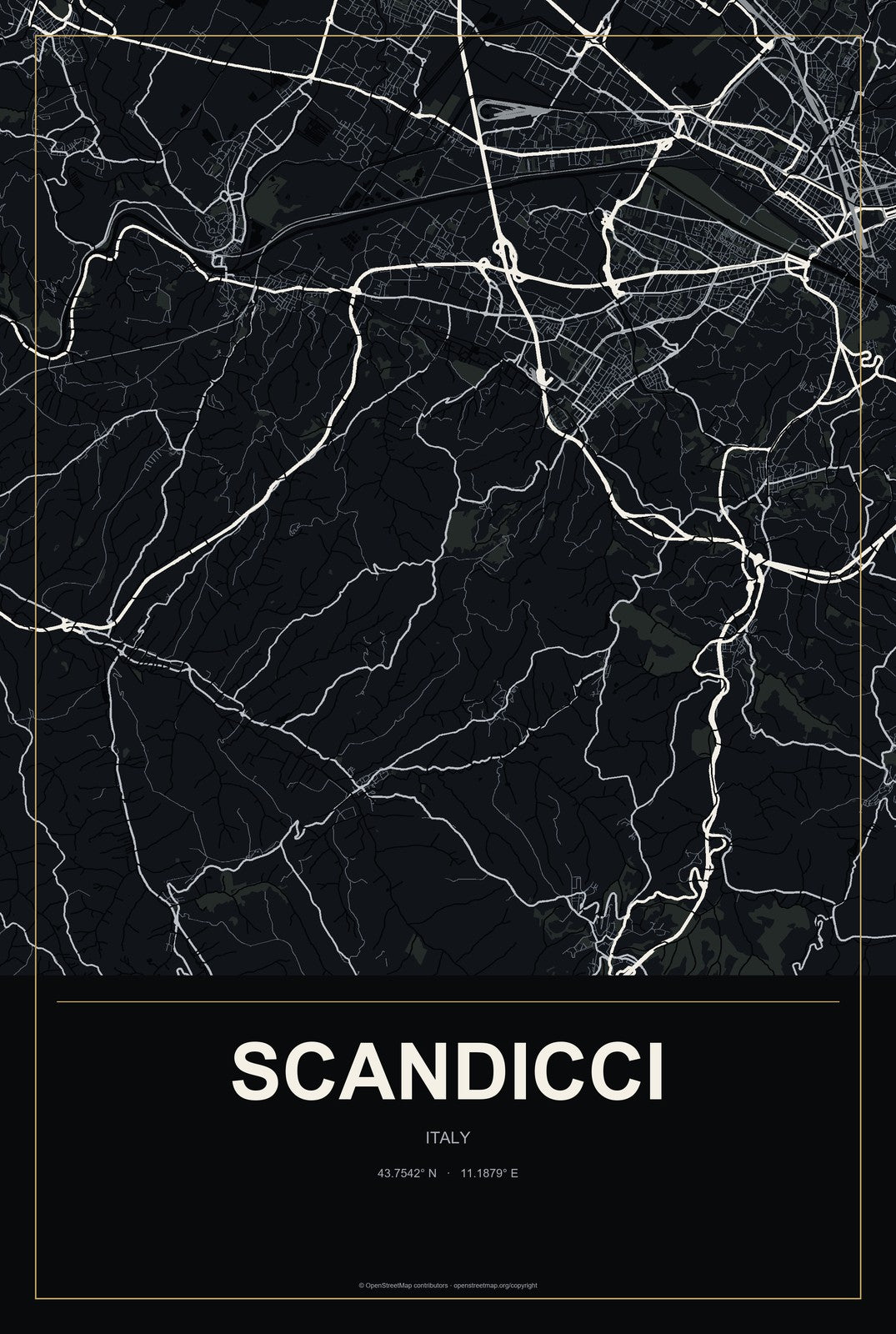 Scandicci, Italy City Map Aluminum Sign in Metropolitan Noir style